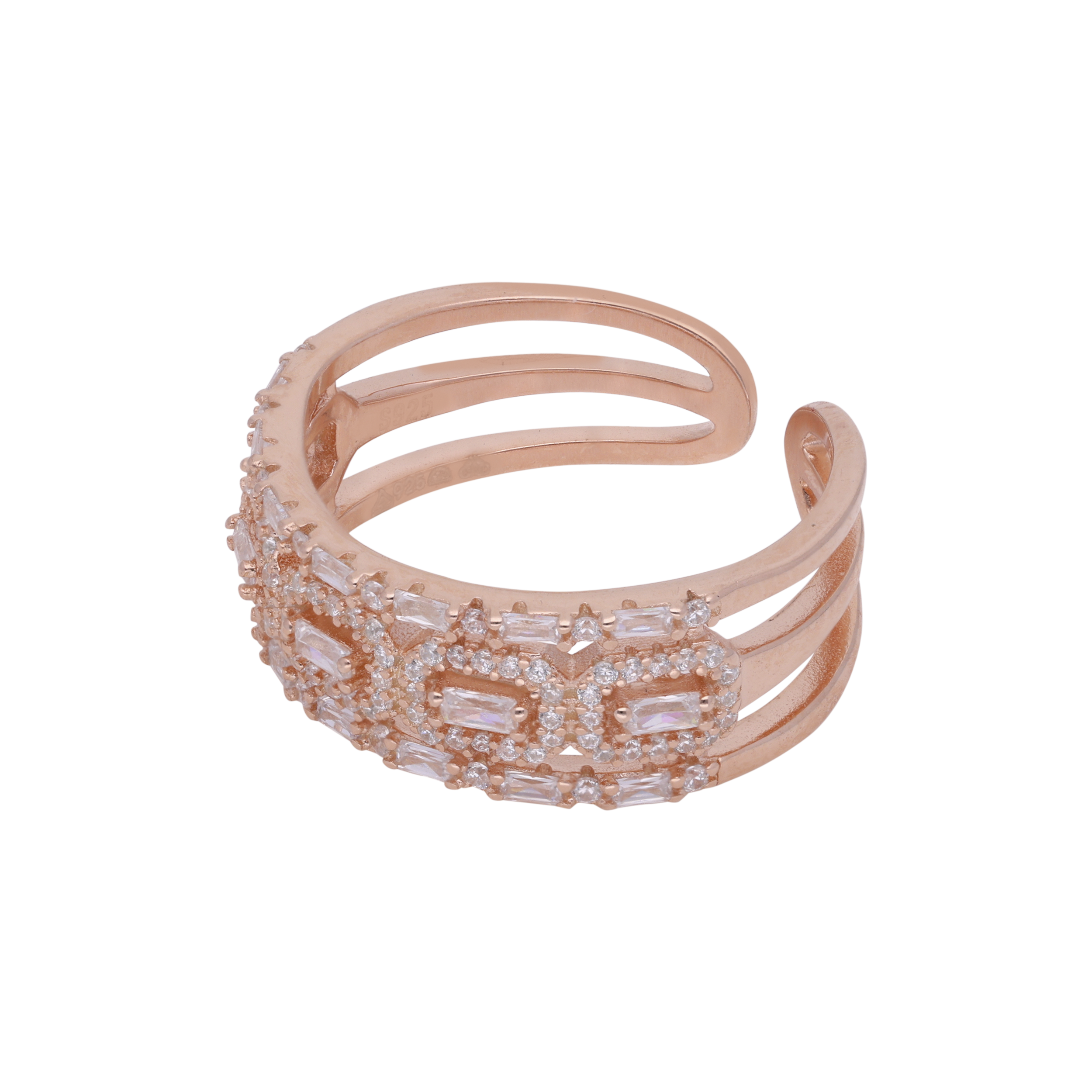 Elegance Refined: Sterling Silver Open Ring with Rose Gold Accents and Cubic Zirconia Embellishments | SKU : 0019891477, 0019891460