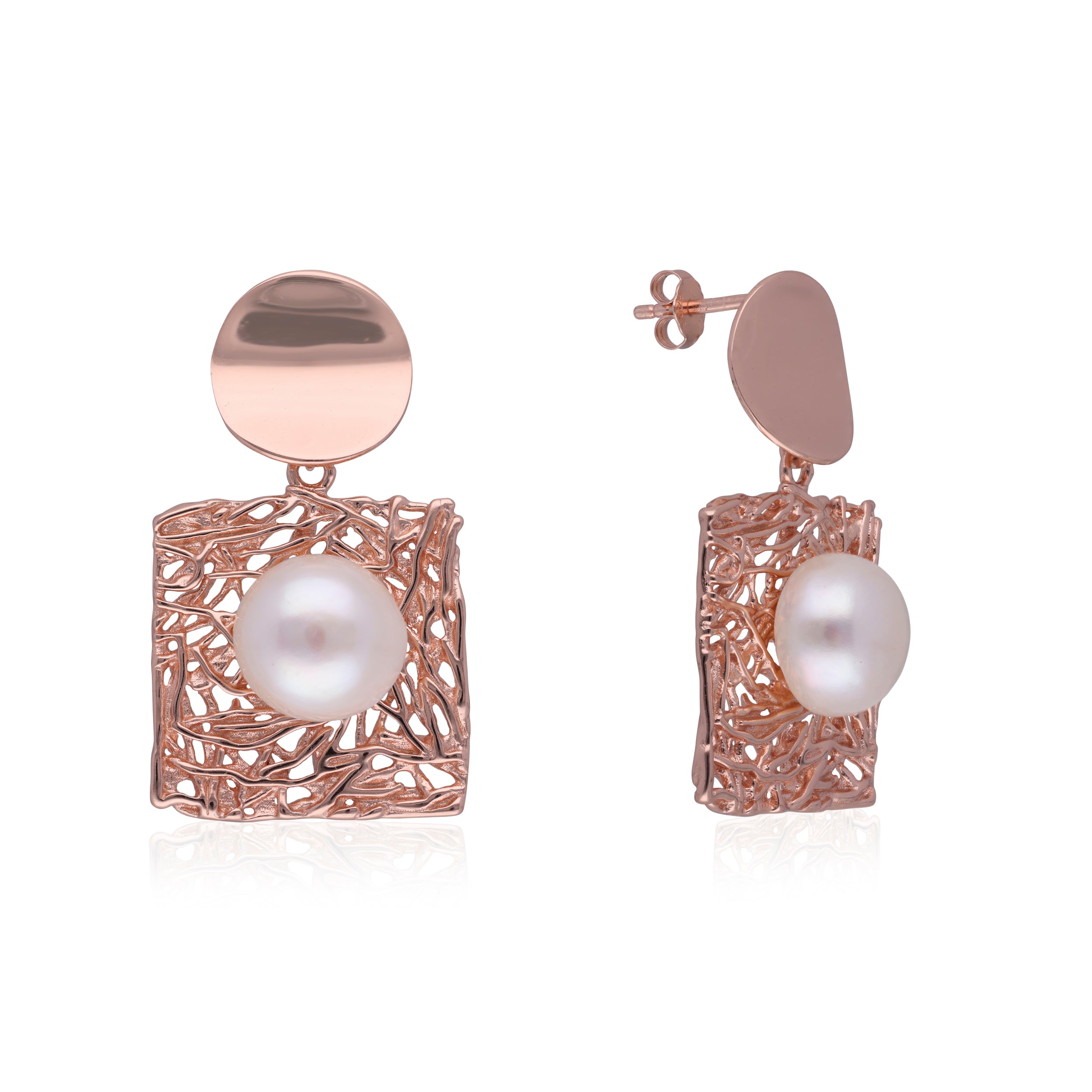 Pearl Elegance: Intricately Designed Sterling Silver Eardrops with Rose Gold | SKU : 0019892184, 0019892191, 0003110218, 0003110232