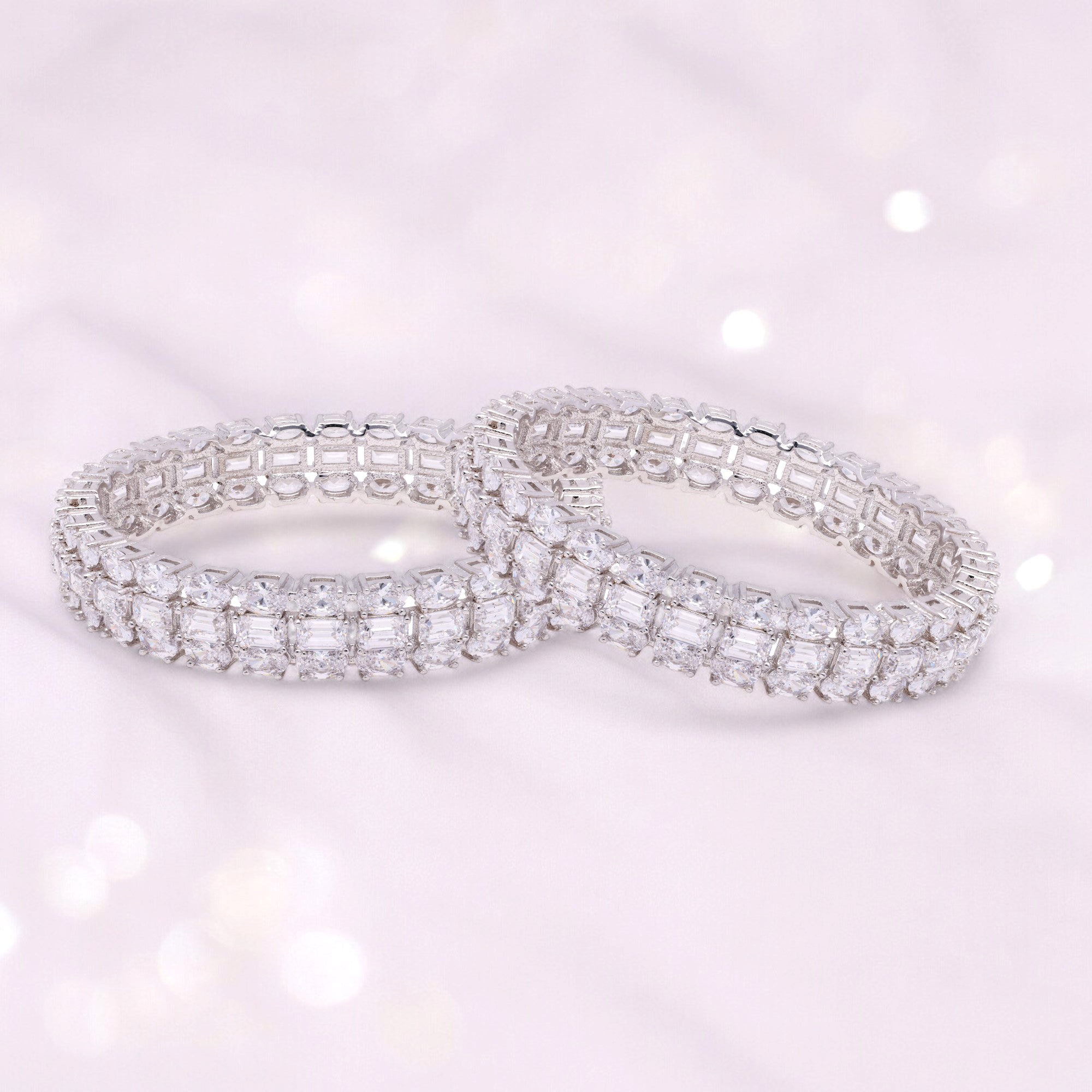 Elegant Fancy Shaped Sterling Silver Cubic Zirconia Studded Bangle Pair | SKU : 0020289768 - crash.club by CKC