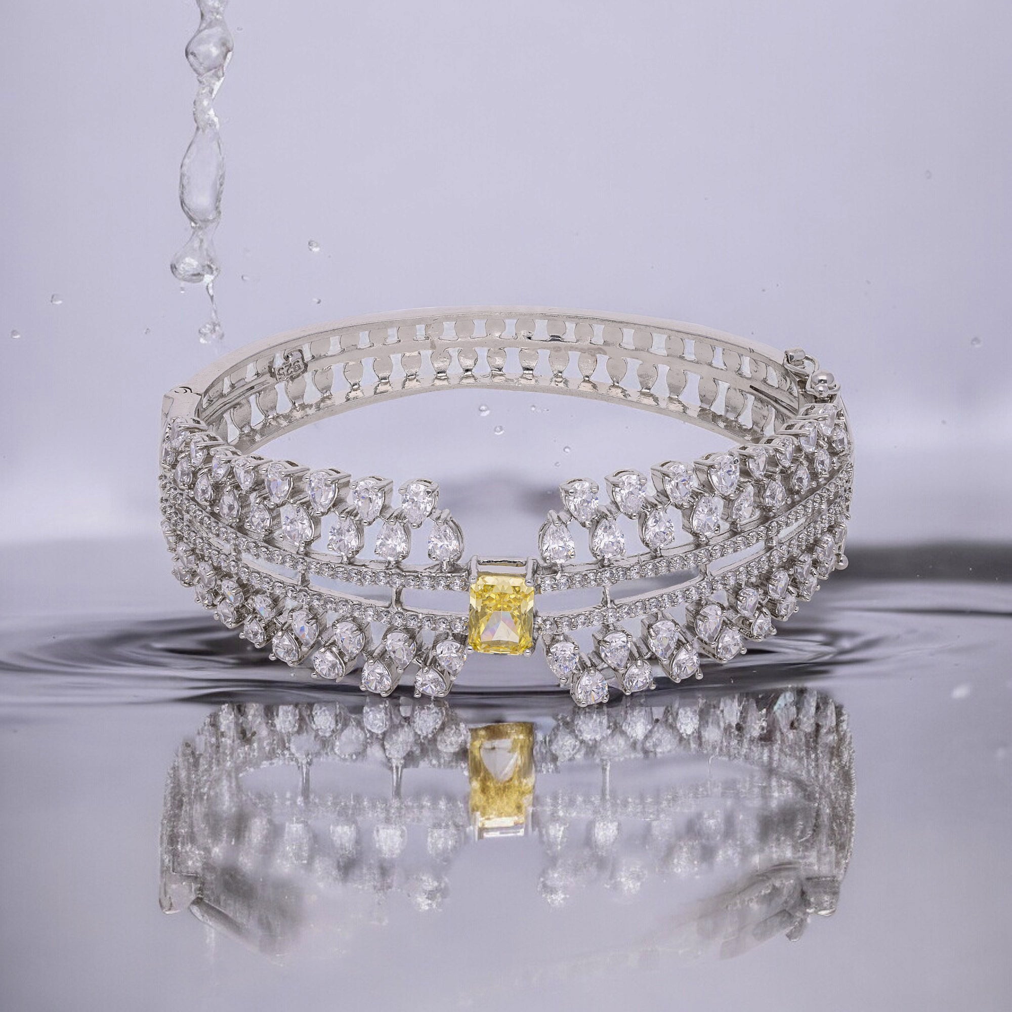 Sterling Silver Openable Stiff Bracelet with Fancy Shaped Solitaire Cubic Zirconia | SKU : 0020291464