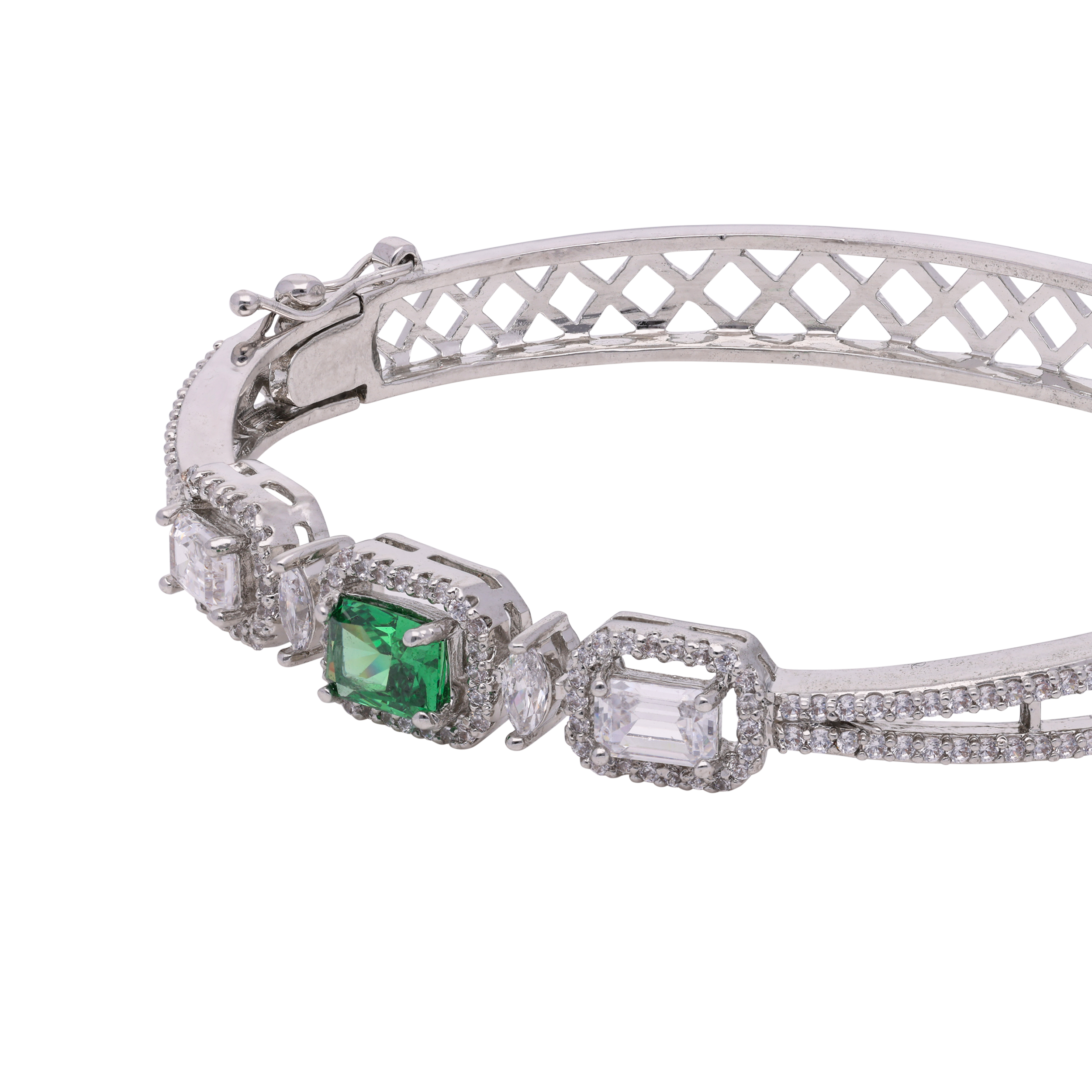 Sterling Silver Openable Stiff Bracelet with Fancy Shaped Solitaire Cubic Zirconia and Single Green Gem | SKU : 0020291488