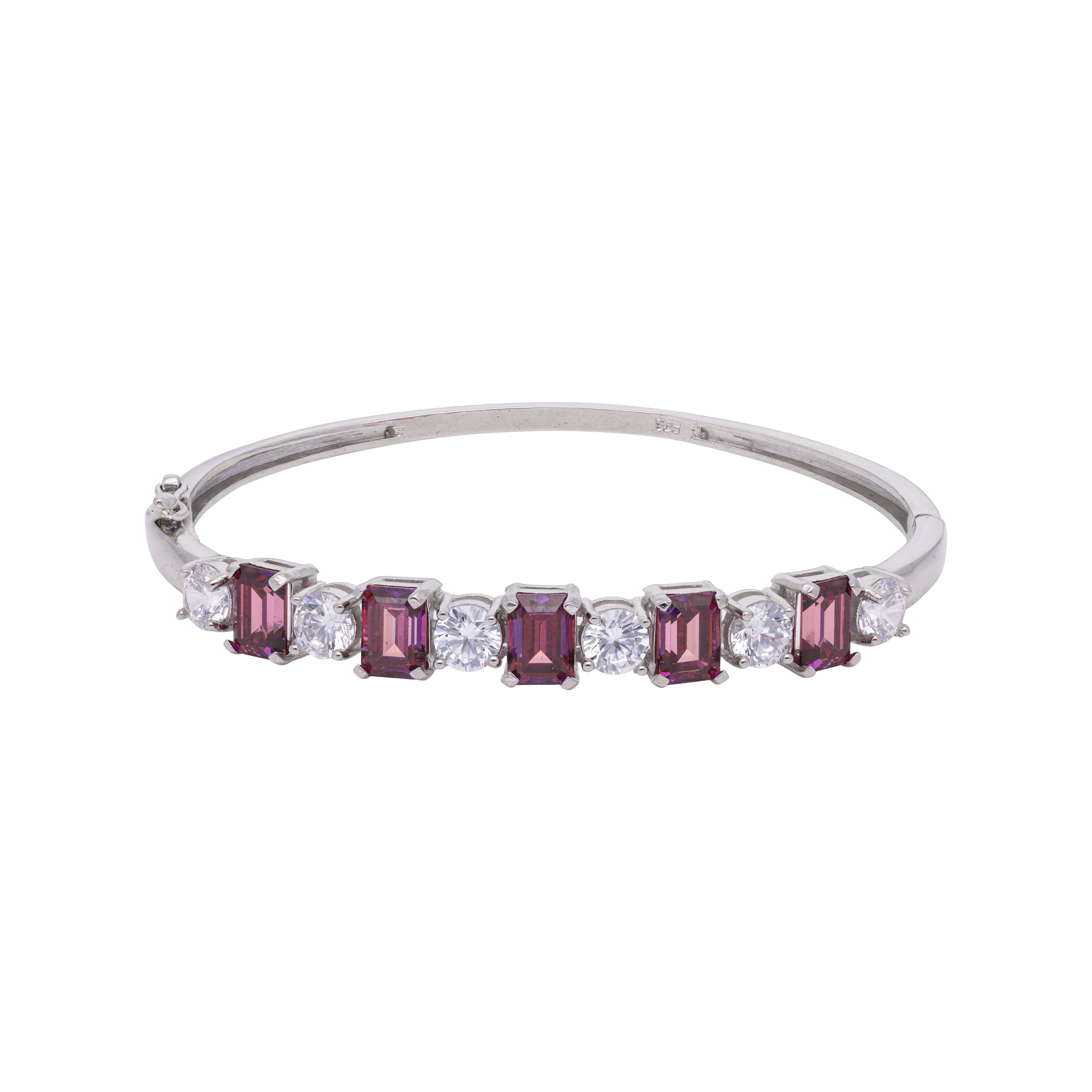 Sterling Silver Openable Stiff Bracelet with Solitaire Cubic Zirconia and Pink Gem | SKU : 0020291495