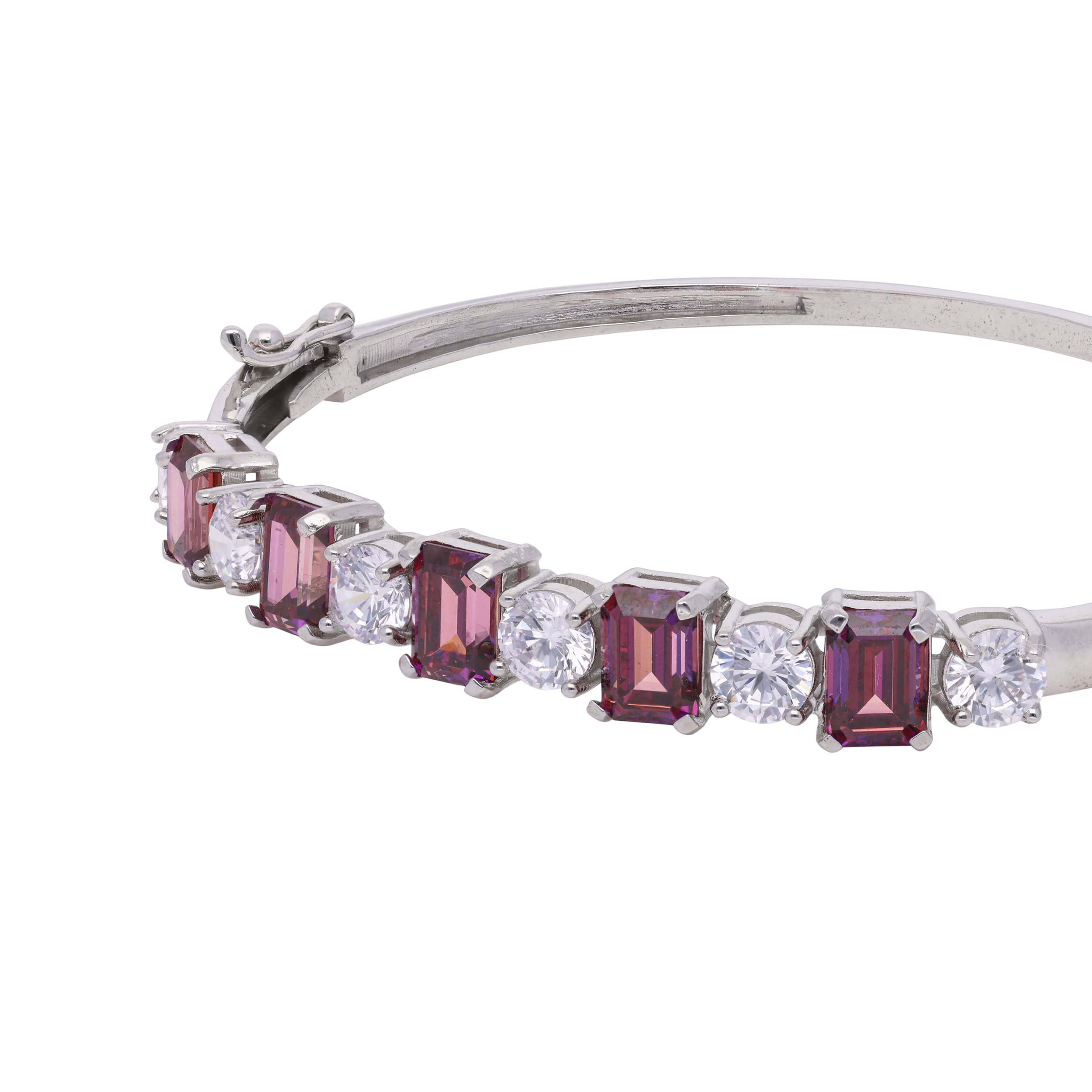 Sterling Silver Openable Stiff Bracelet with Solitaire Cubic Zirconia and Pink Gem | SKU : 0020291495