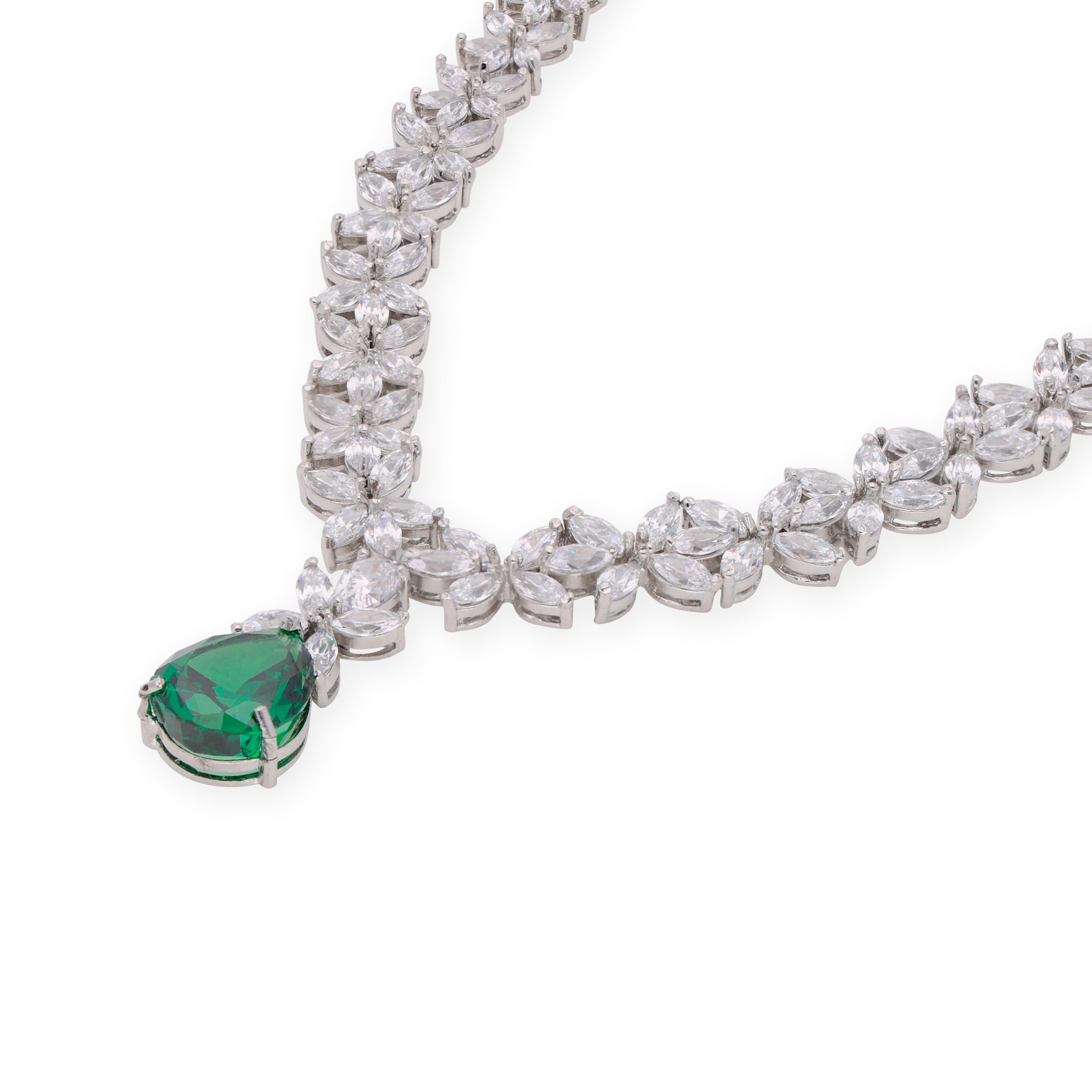 Rhine_Green Teardrop on Floral Zircon Silver Necklace_1