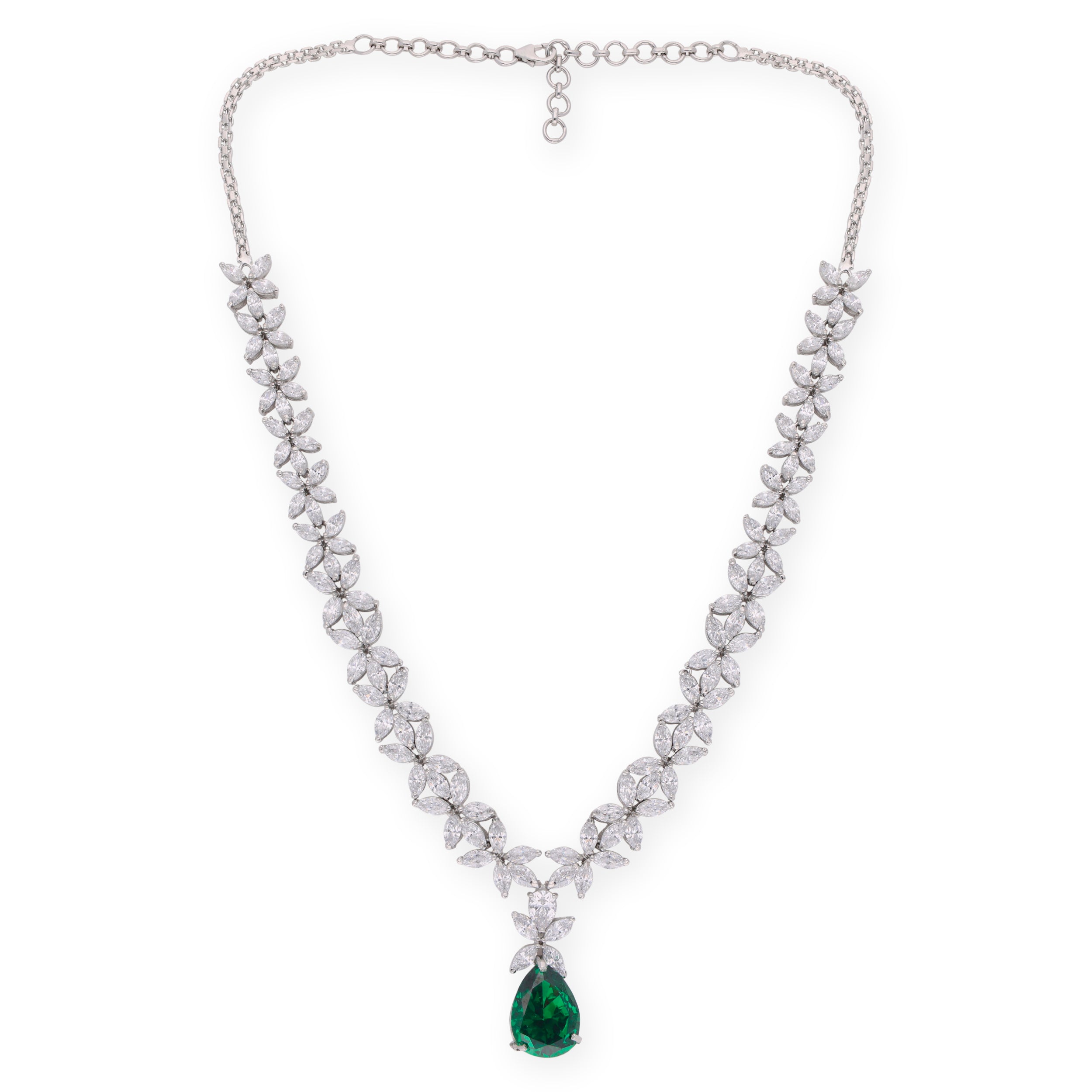 Rhine_Green Teardrop on Floral Zircon Silver Necklace_2