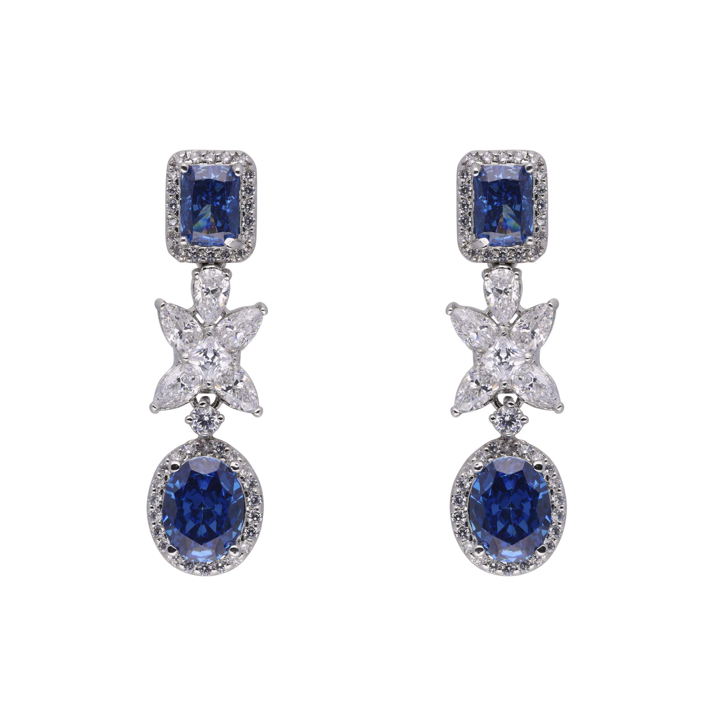 Blue Cubic Zircon & Zircon Drop Silver Earrings | SKU : 0020327057