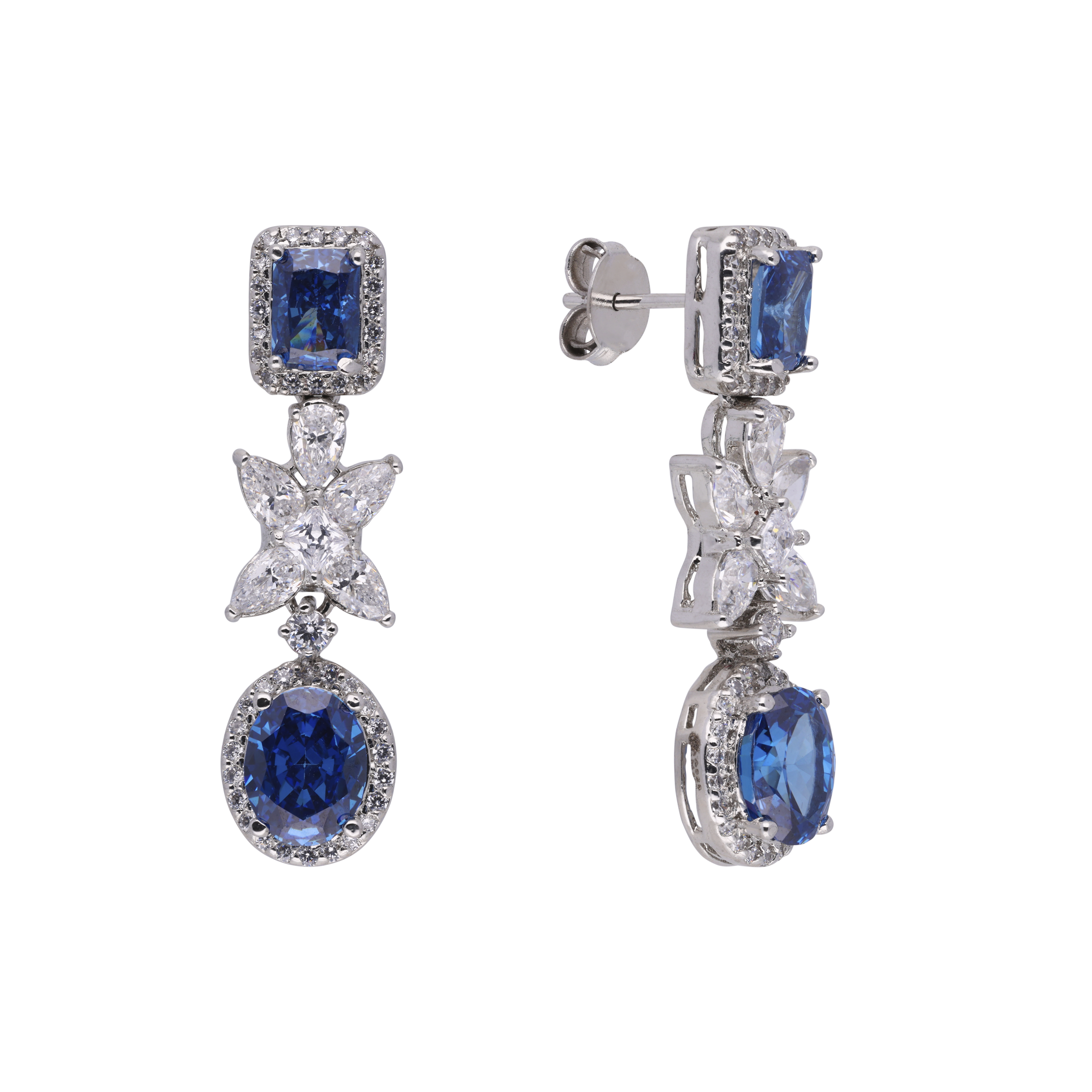 Blue Cubic Zircon & Zircon Drop Silver Earrings | SKU : 0020327057