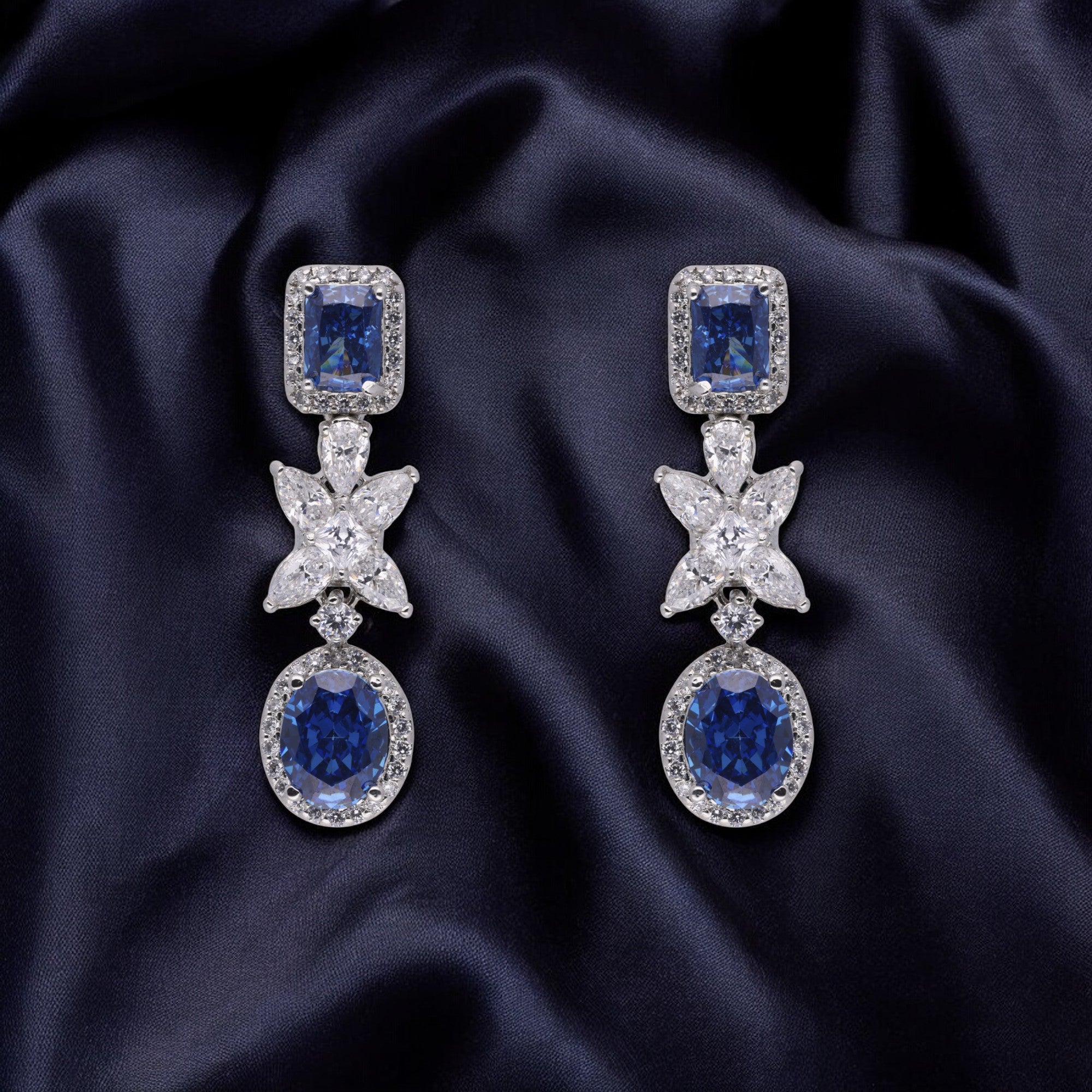 Blue Cubic Zircon & Zircon Drop Silver Earrings | SKU : 0020327057