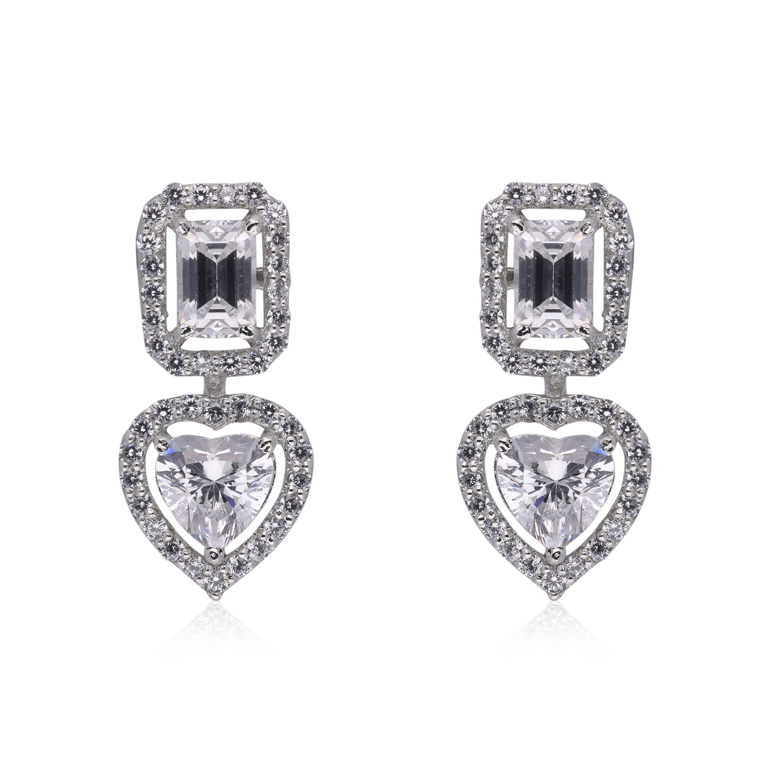 Rectangle and Heart Cubic Zircon Halo Silver Drop Earrings | SKU : 0020588922, 0020588915, 0020309312, 0020588908