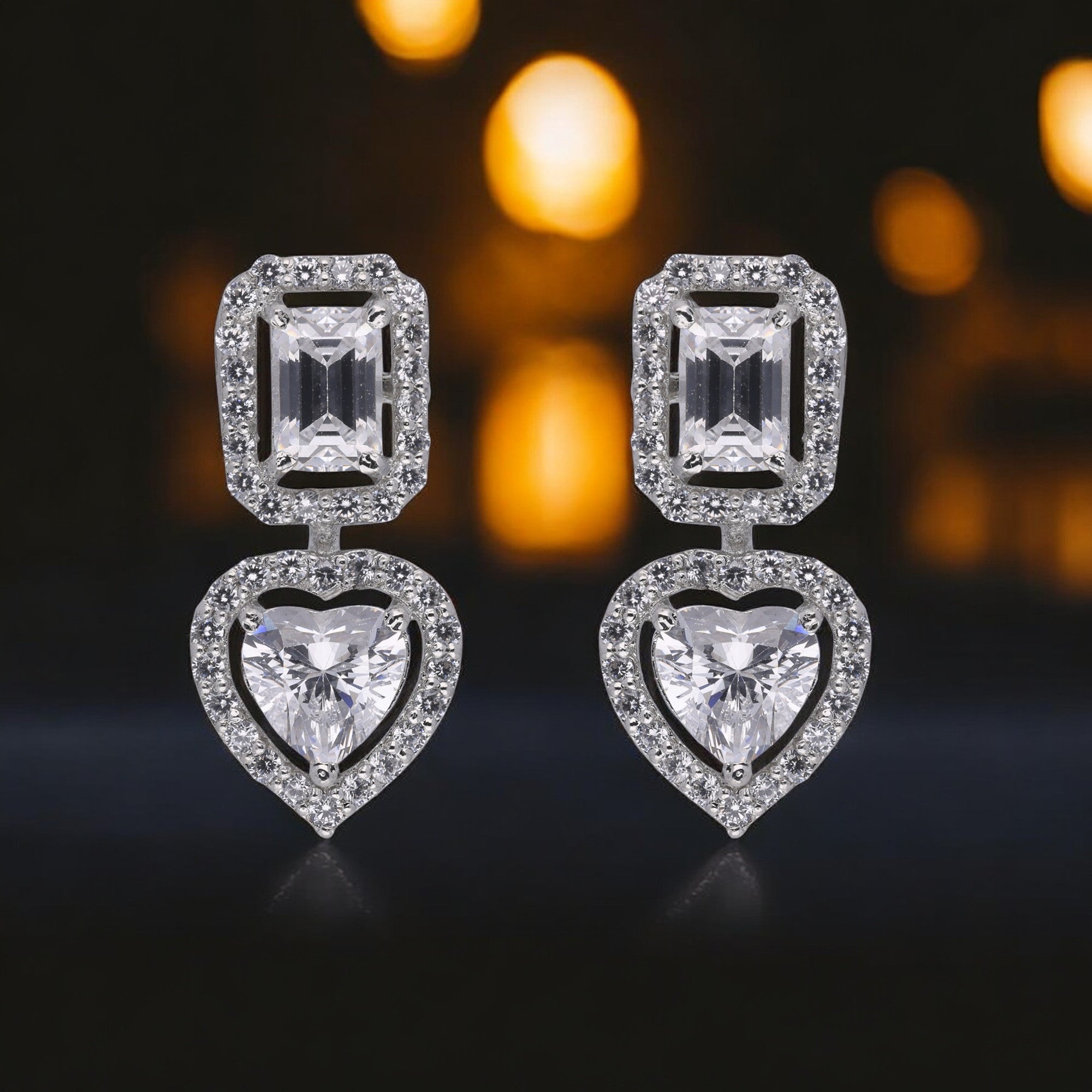 Rectangle and Heart Cubic Zircon Halo Silver Drop Earrings | SKU : 0020588922, 0020588915, 0020309312, 0020588908 - crash.club by CKC