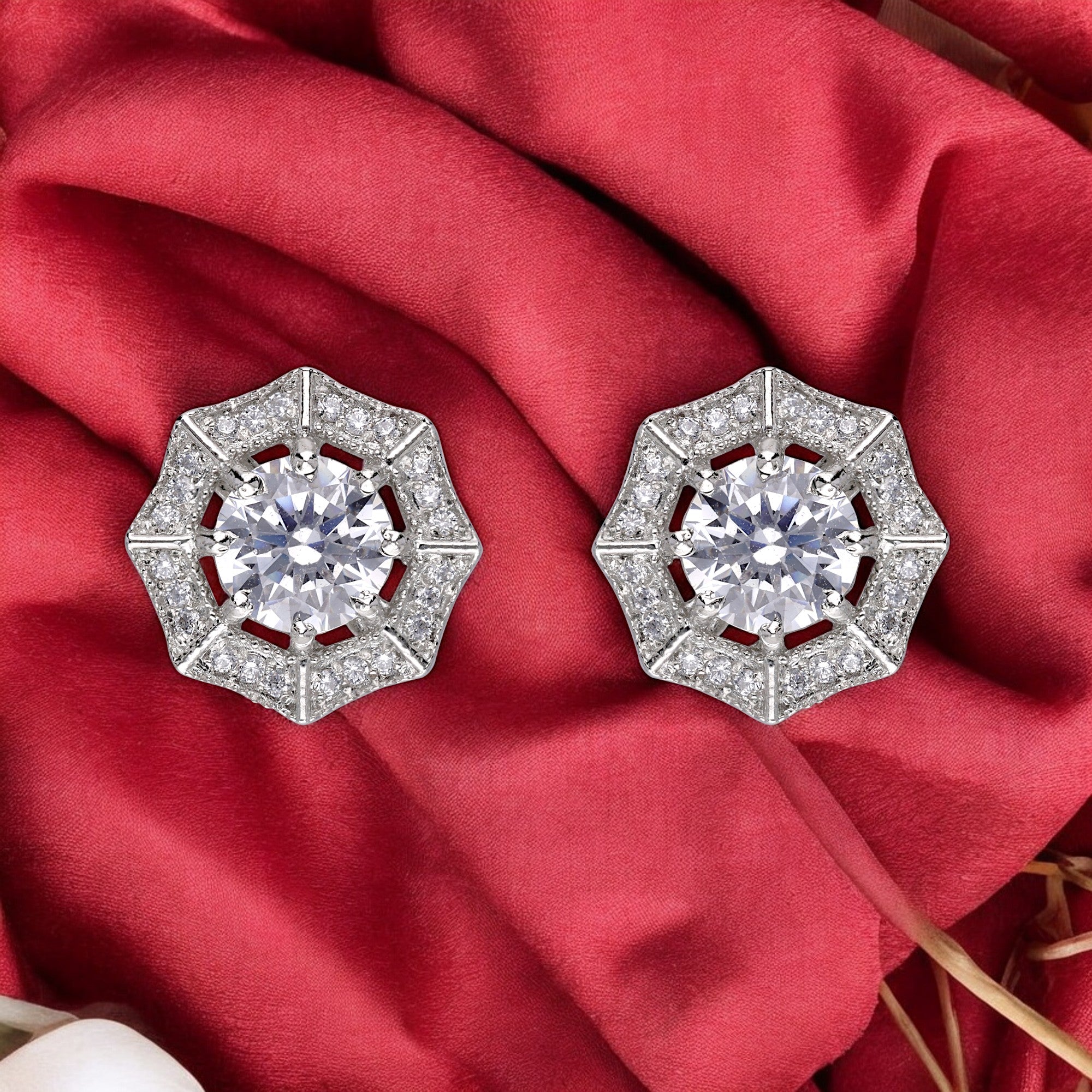 Round Cubic Zirconia with Geometric Halo Silver Ear Studs | SKU : 0020588991, 0020588977 - crash.club by CKC