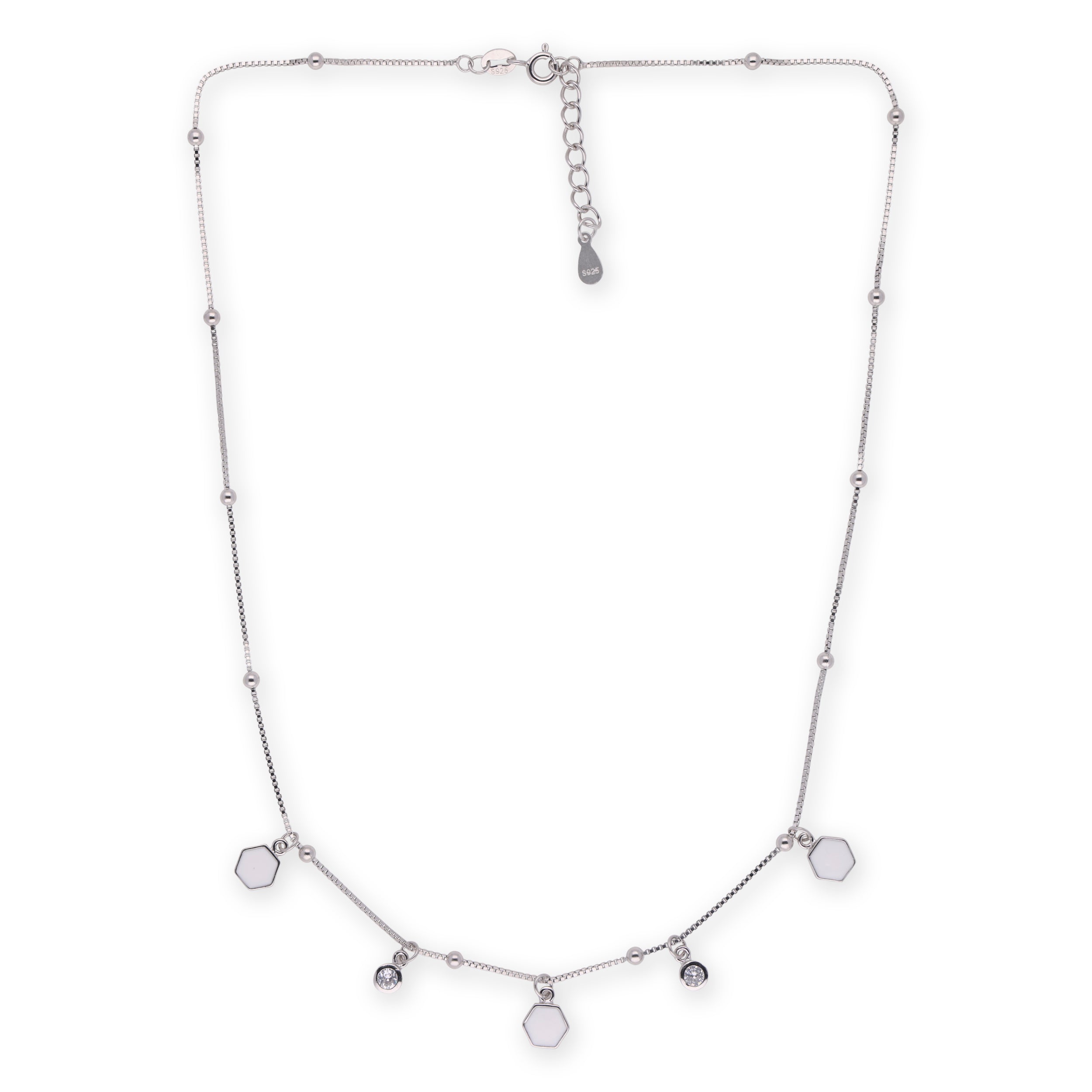 Elegant Silver Beaded Chain with Hexagon & Cubic Zirconia Charms | SKU : 0003340516, 0020600471, 0020600464