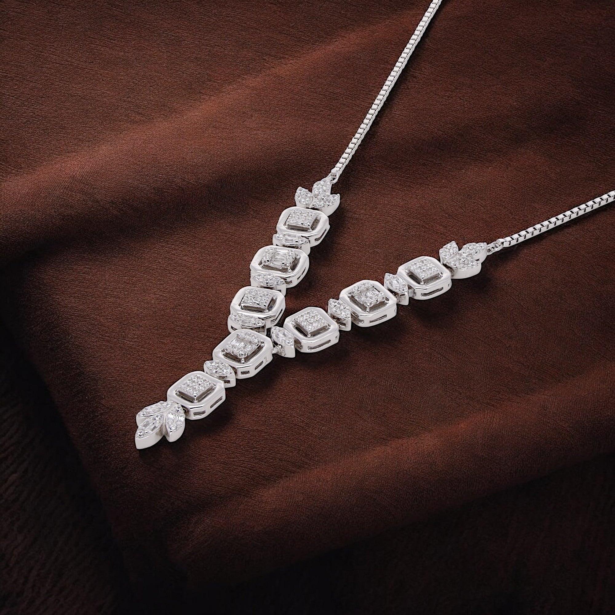 Leaf & Marquise Silver Necklace with Square Halo - Rose & White Gold | SKU : 0020600655, 0020600679