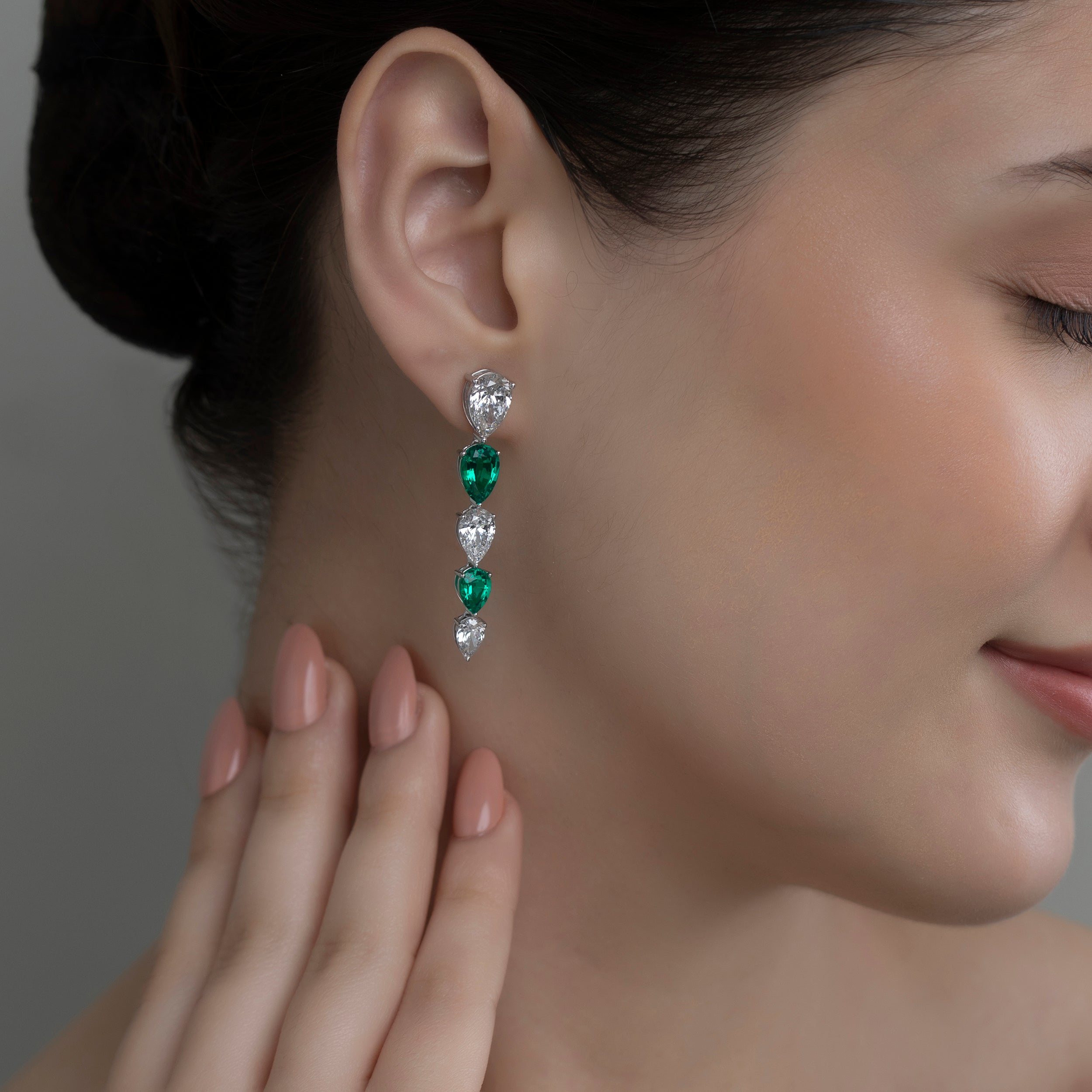 Pear Shaped 6.56 Carat Radiant Cascade Diamond and Emerald Earrings | SKU : 0020602994