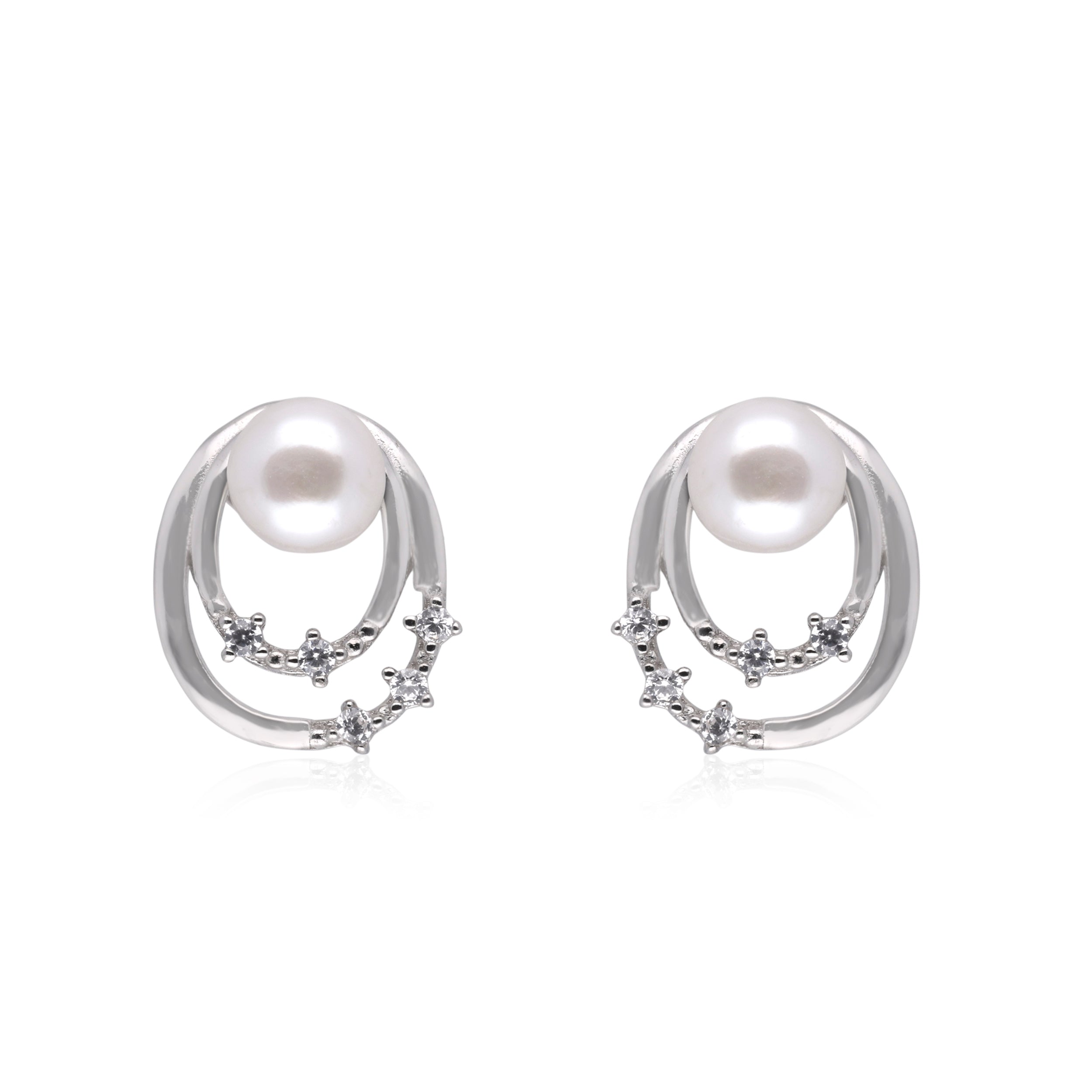 Silver Double Oval Halo and Pearl Stud Earrings | SKU : 0003348321, 0003348185, 0020624606, 0020624262, 0020624347