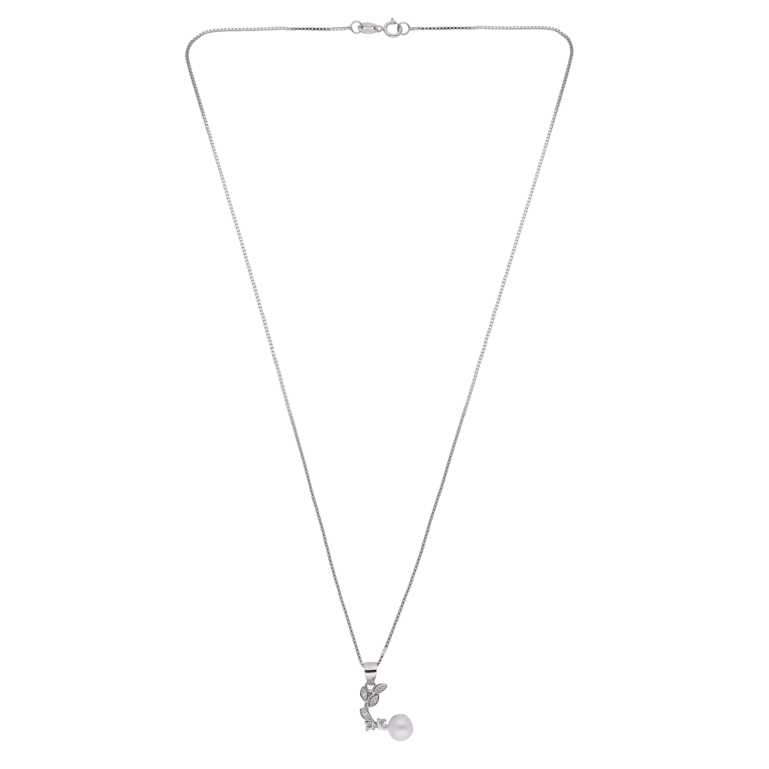 Silver Chain Pendant with Cubic Zircon Encrusted Leaves and Pearl | SKU : 0003347997, 0003348253, 0020624033, 0020624552