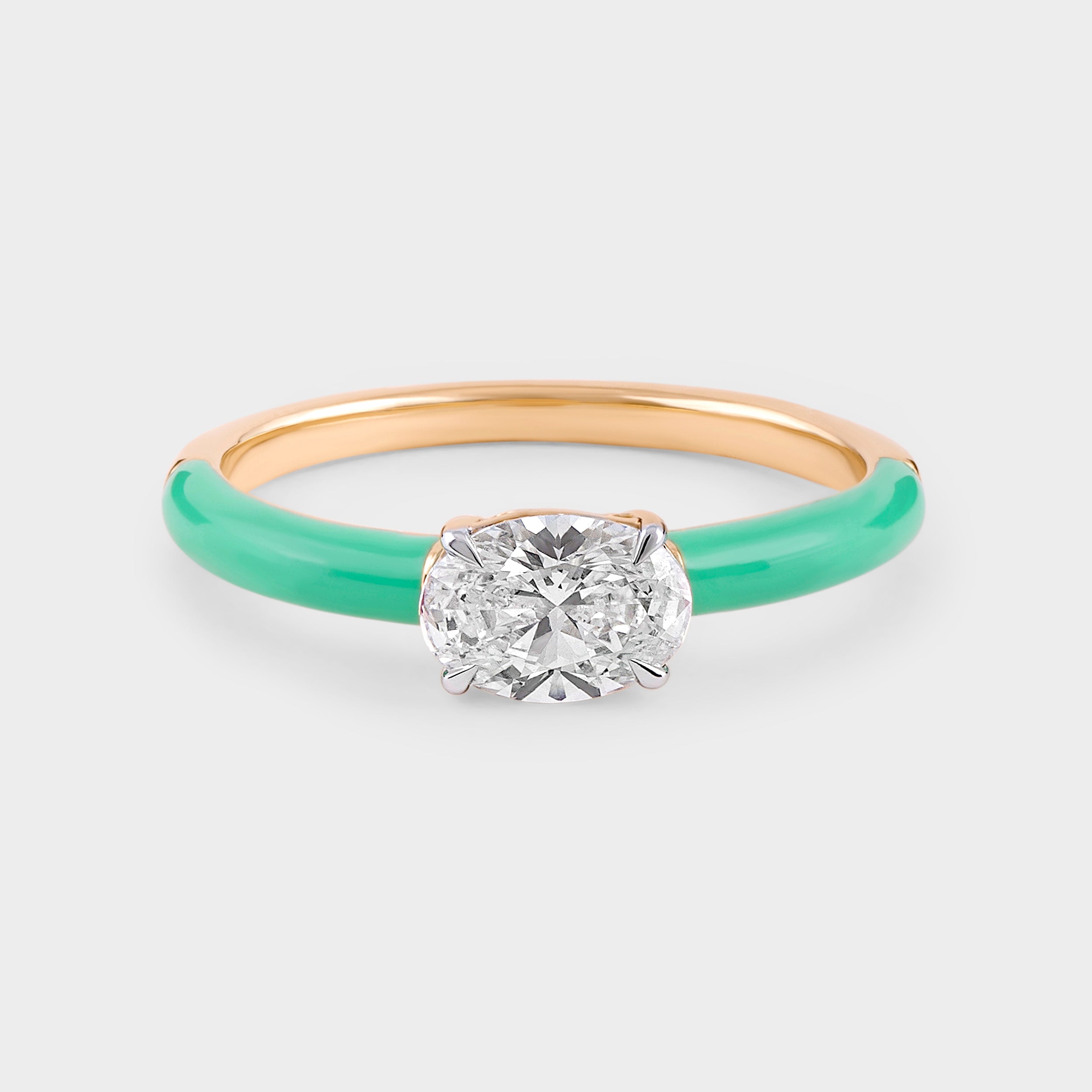 Stunning Oval 0.73 Carat Lab-Grown Diamond Solitaire Ring with Green Porcelain Half Band | SKU : 0020704346