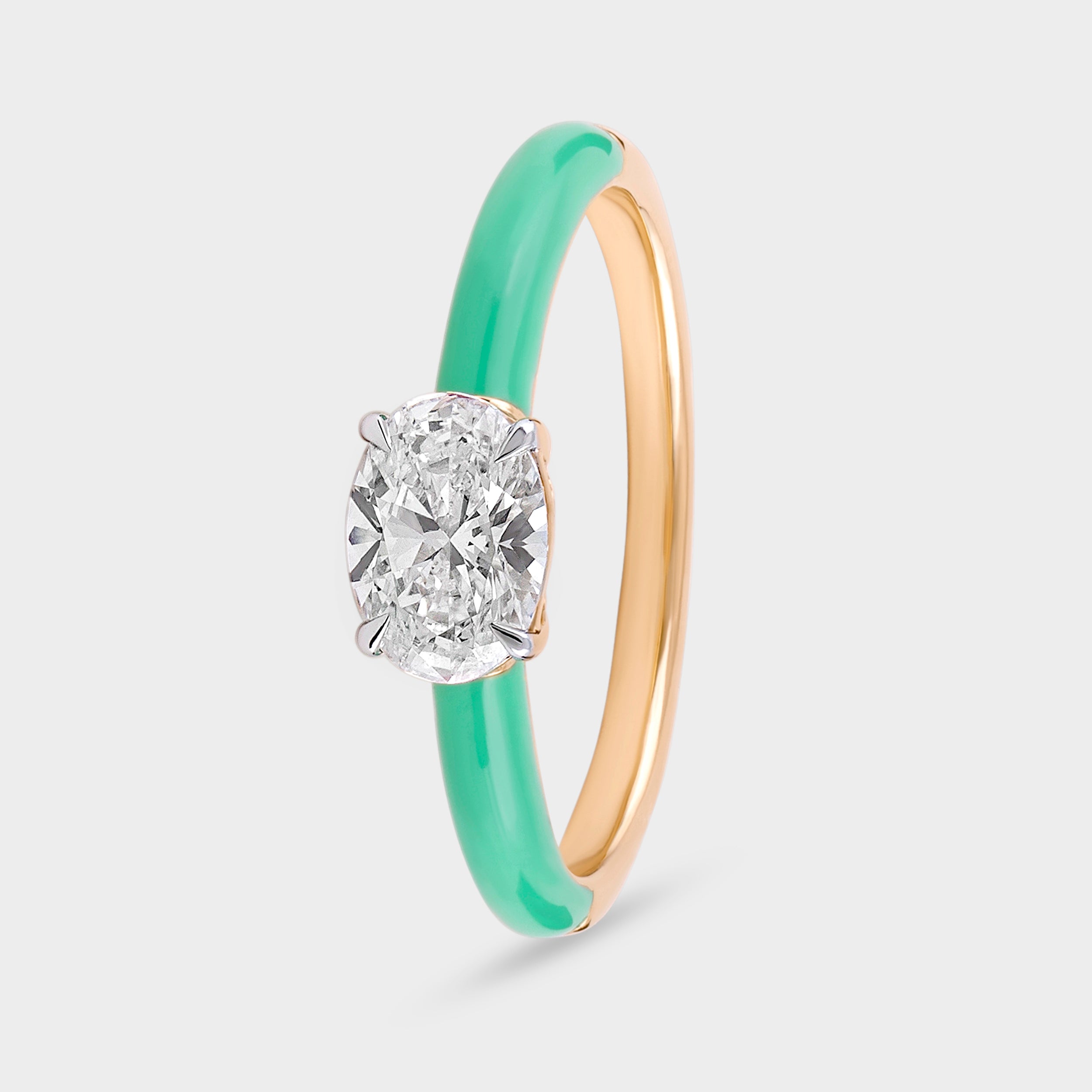 Stunning Oval 0.73 Carat Lab-Grown Diamond Solitaire Ring with Green Porcelain Half Band | SKU : 0020704346