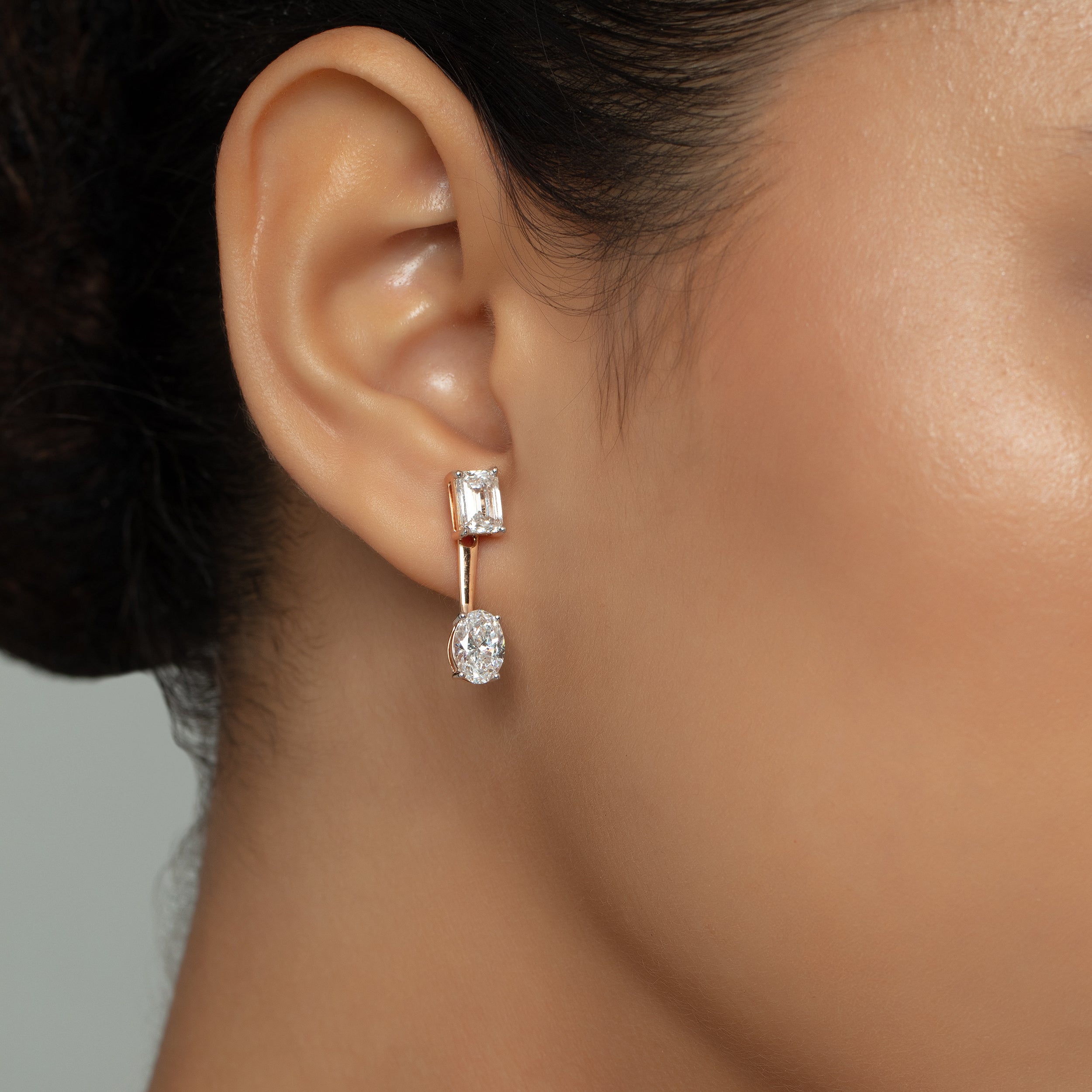 Oval & Emerald Solitaire Lab-Grown Diamond Eardrops in 18kt Rose Gold | SKU : 0020709587