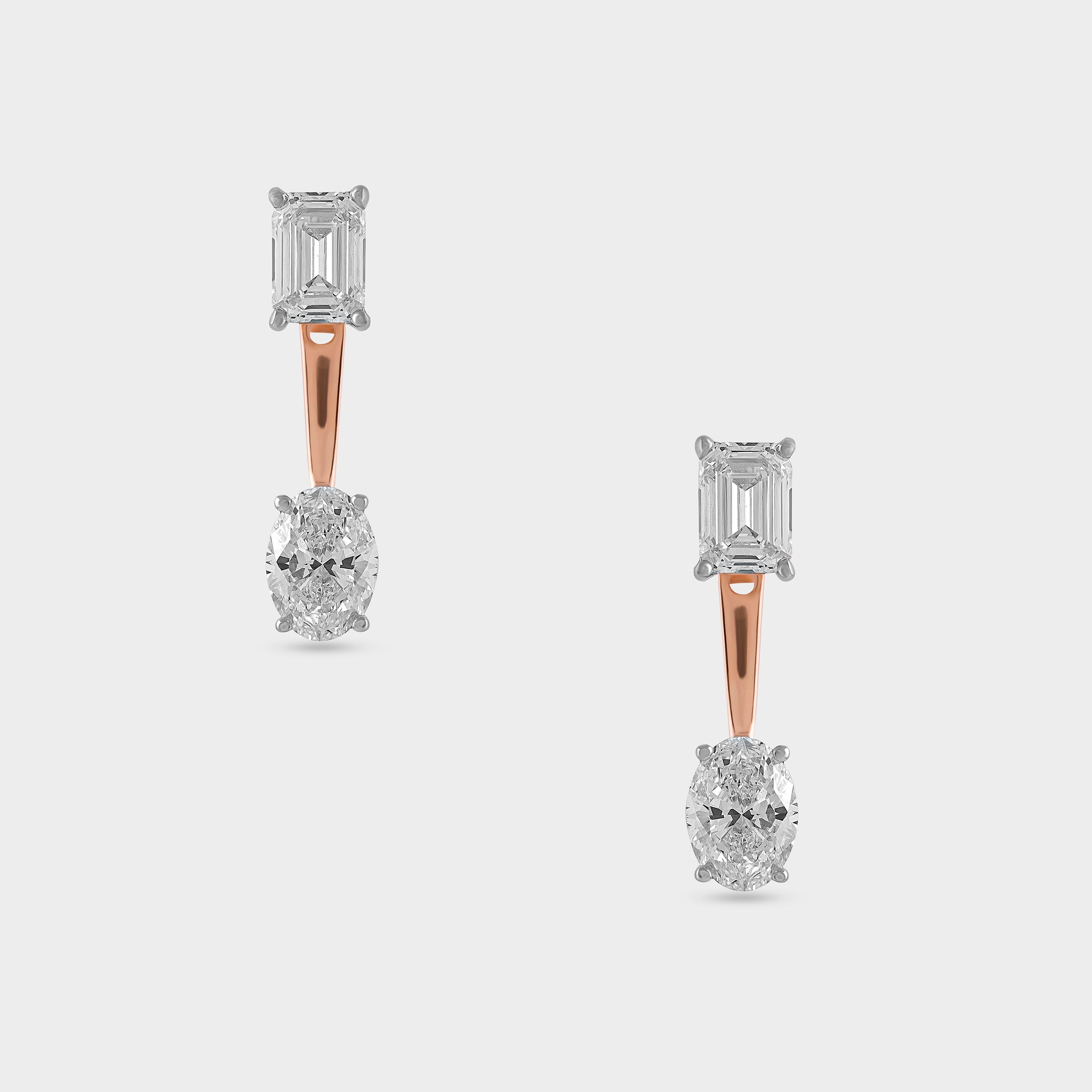 Oval & Emerald Cut Solitaire 4.12 Carat Lab-Grown Diamond Pair Eardrops in 18KT Rose Gold | SKU : 0020709587