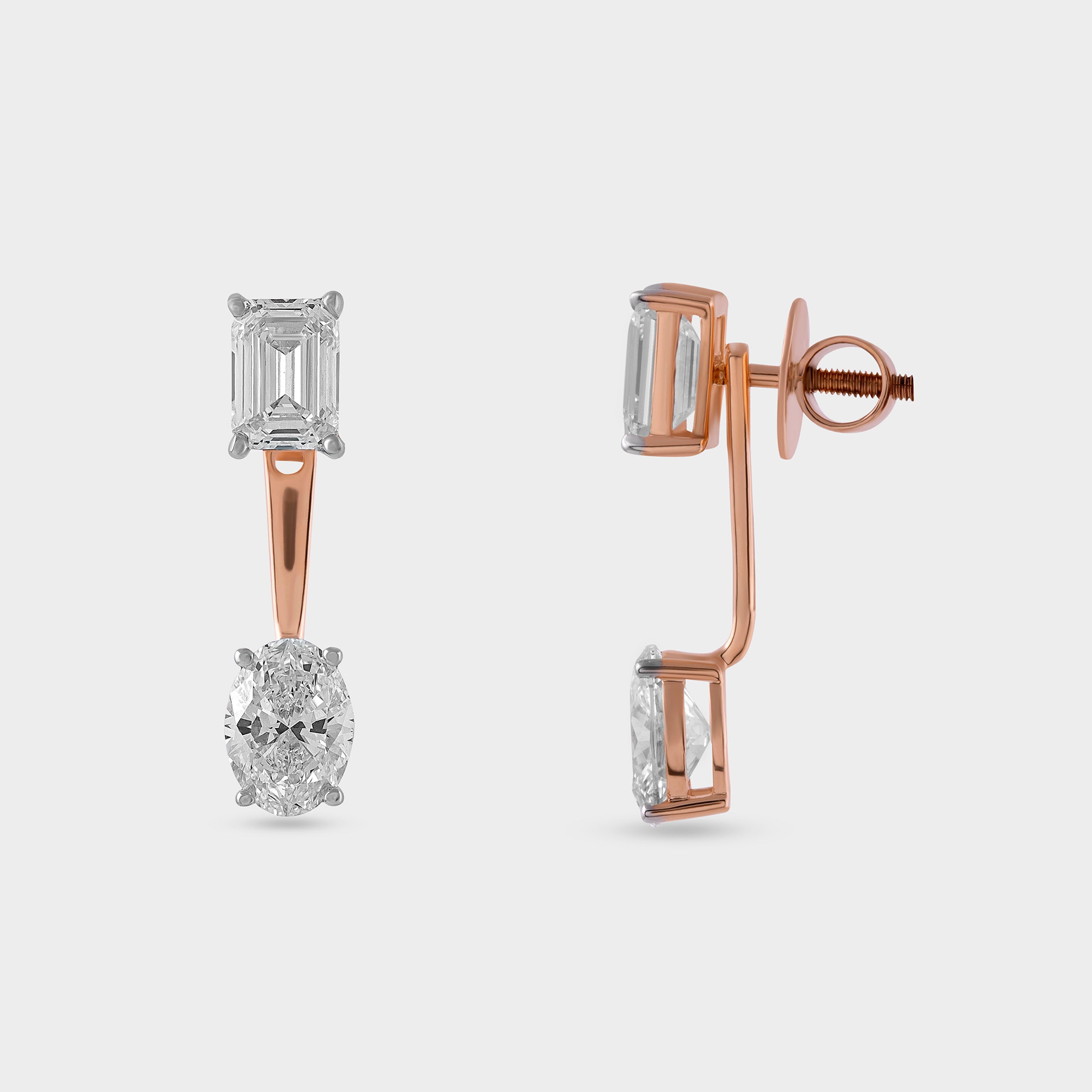 Oval & Emerald Cut Solitaire 4.12 Carat Lab-Grown Diamond Pair Eardrops in 18KT Rose Gold | SKU : 0020709587