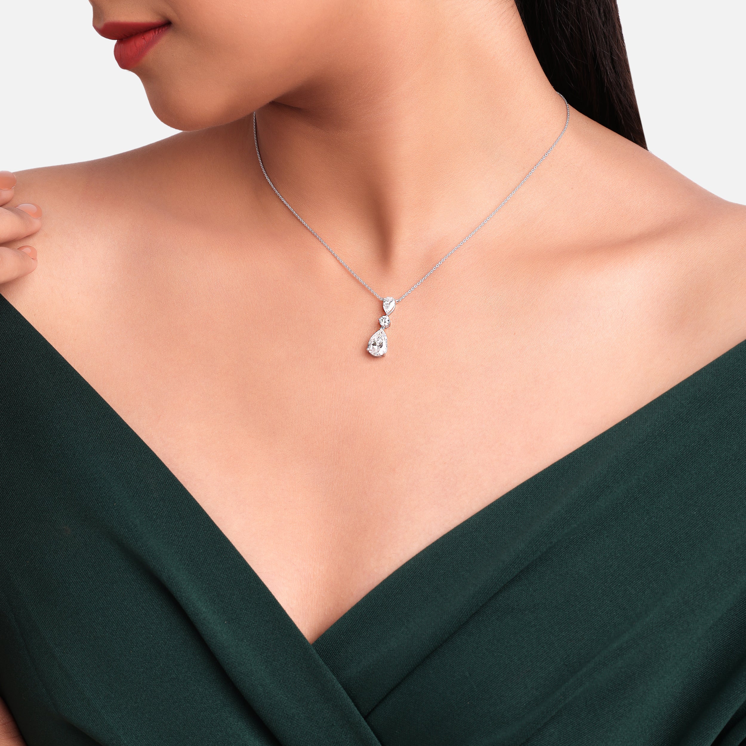 Pear & Round Brilliant-Cut 2.81 Carat Triple Lab-Grown Diamond Design Necklace in White Gold| SKU : 0020719456