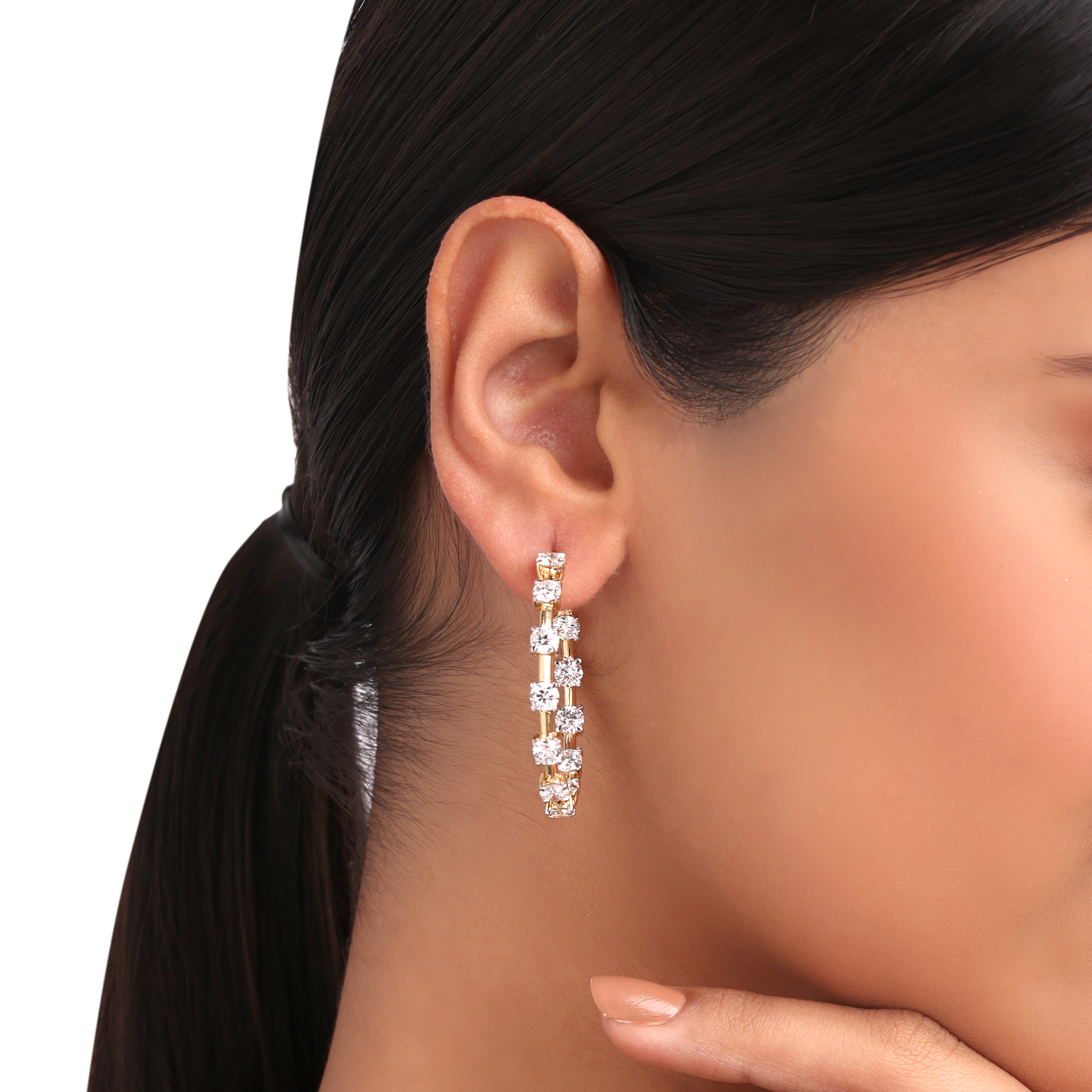 Round Brilliant Lab-Grown Diamond Long Earhoops in 18K Yellow Gold | SKU : 0020740733