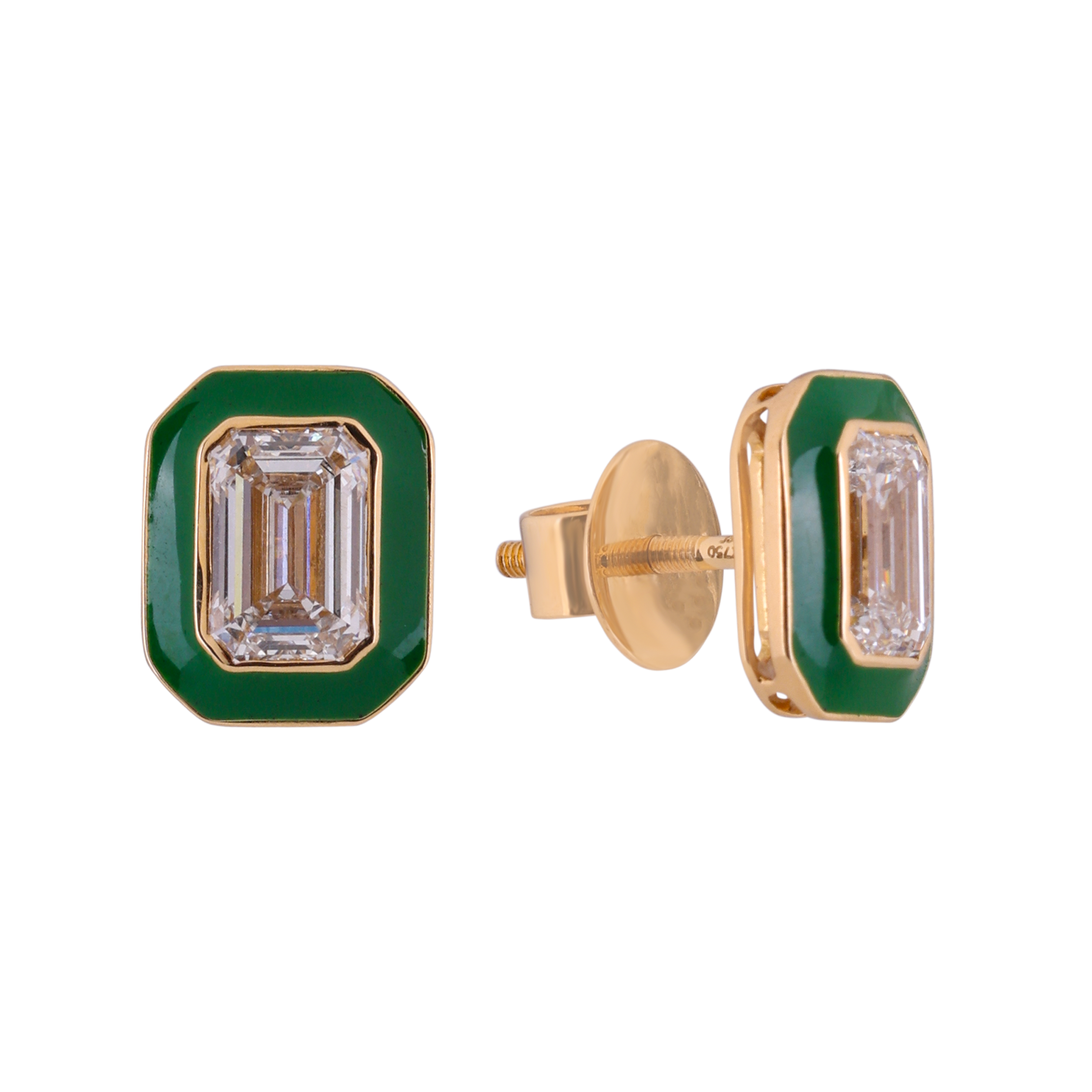 Emerald Cut Lab-Grown Diamond Long Earstuds with Green Ceramic | SKU : 0020740740