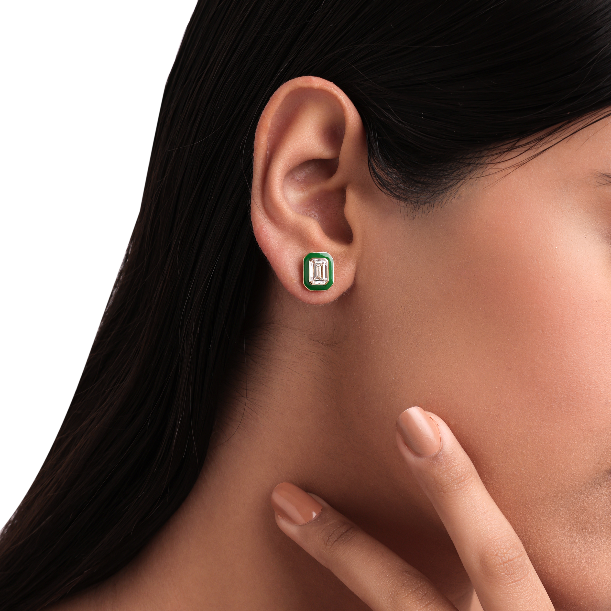 Emerald Cut Lab-Grown Diamond Long Earstuds with Green Ceramic | SKU : 0020740740