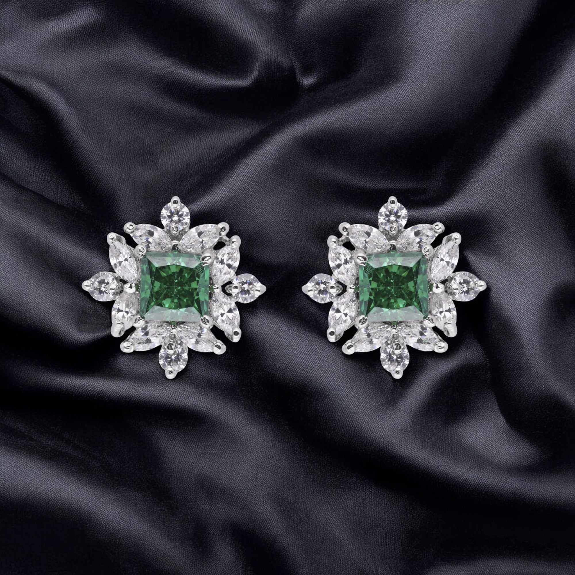 Sterling Silver Princess Cut Green Gem and Cubic Zirconia Earstuds | SKU : 0020809423 , 0020809416