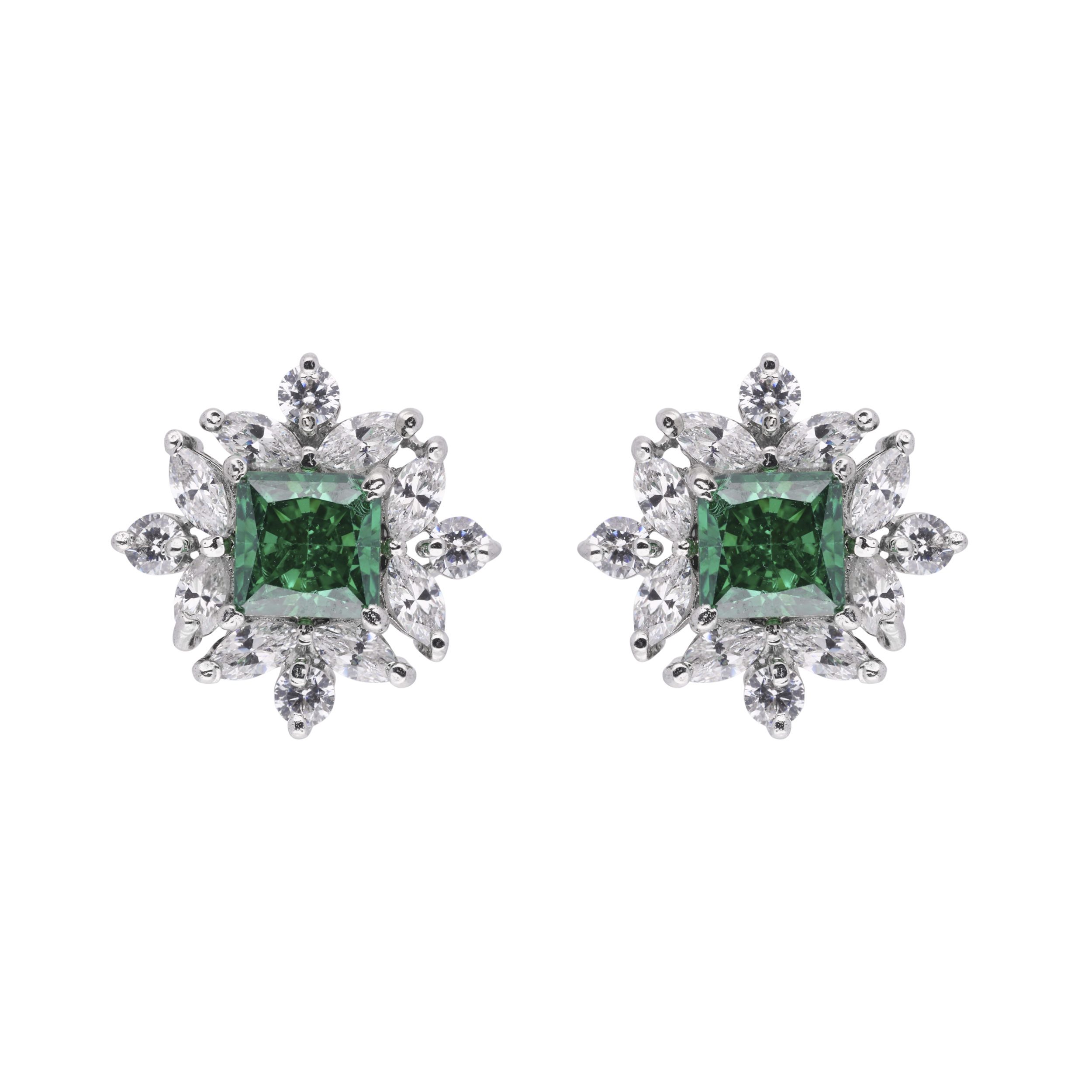 Sterling Silver Princess Cut Green Gem and Cubic Zirconia Earstuds | SKU : 0020809423 , 0020809416