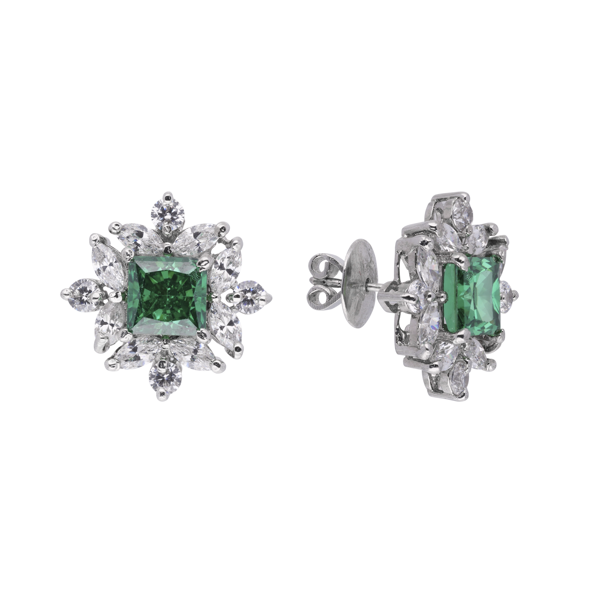 Sterling Silver Princess Cut Green Gem and Cubic Zirconia Earstuds | SKU : 0020809423 , 0020809416