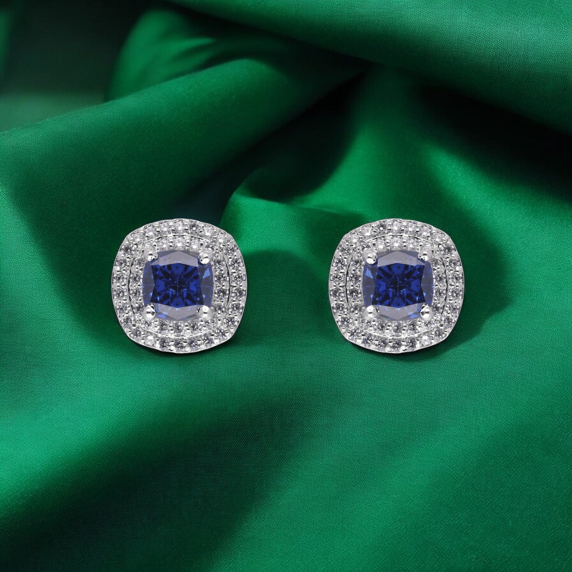 Sterling Silver Cushion-Shaped Blue Gem and Cubic Zirconia Earstuds | SKU : 0020809447, 0003396094, 0003396100