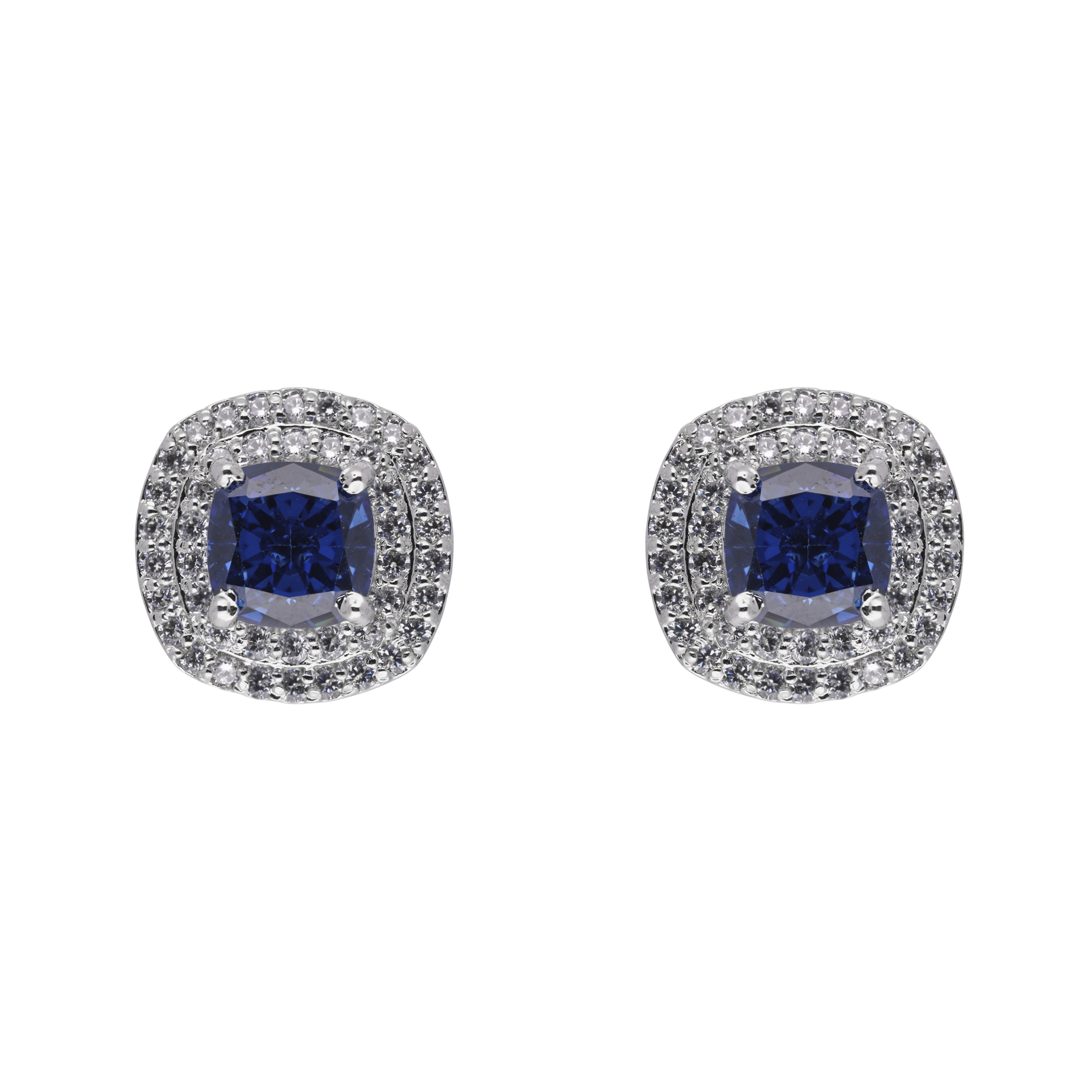 Sterling Silver Cushion-Shaped Blue Gem and Cubic Zirconia Earstuds | SKU : 0020809447, 0003396094, 0003396100