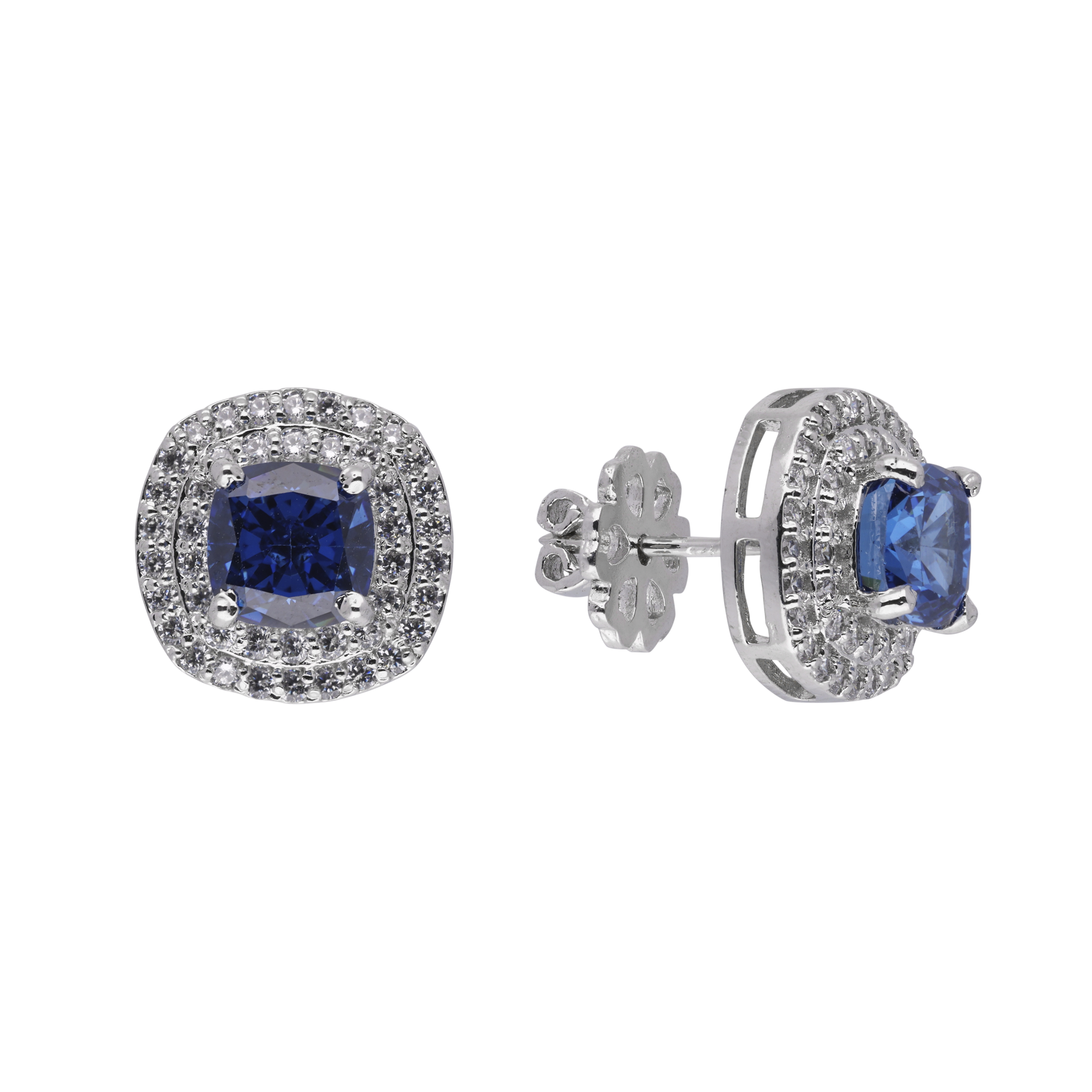 Sterling Silver Cushion-Shaped Blue Gem and Cubic Zirconia Earstuds | SKU : 0020809447, 0003396094, 0003396100