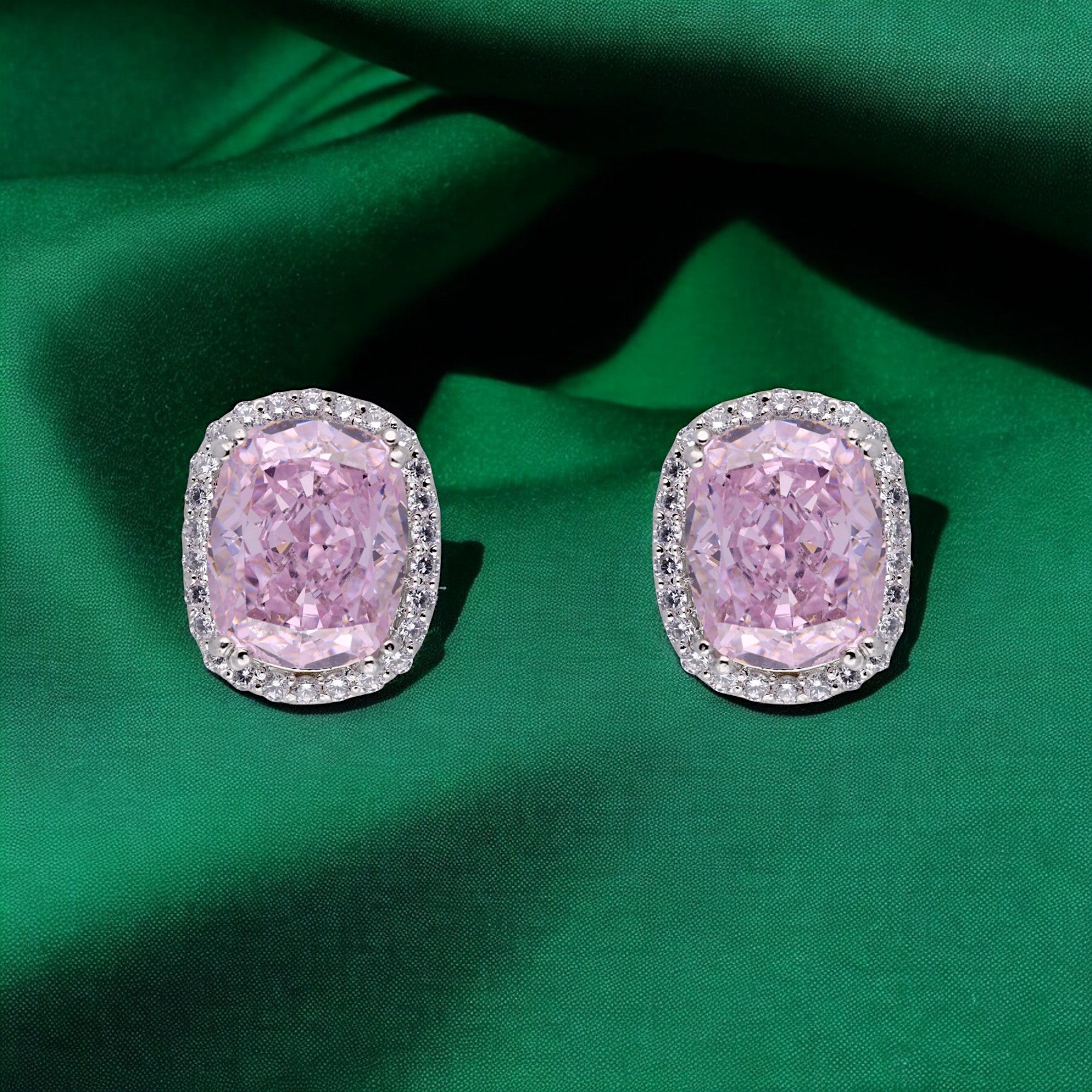 Sterling Silver Cushion-Shaped Pink Gem and Cubic Zirconia Earstuds | SKU : 0020809478, 0003396131