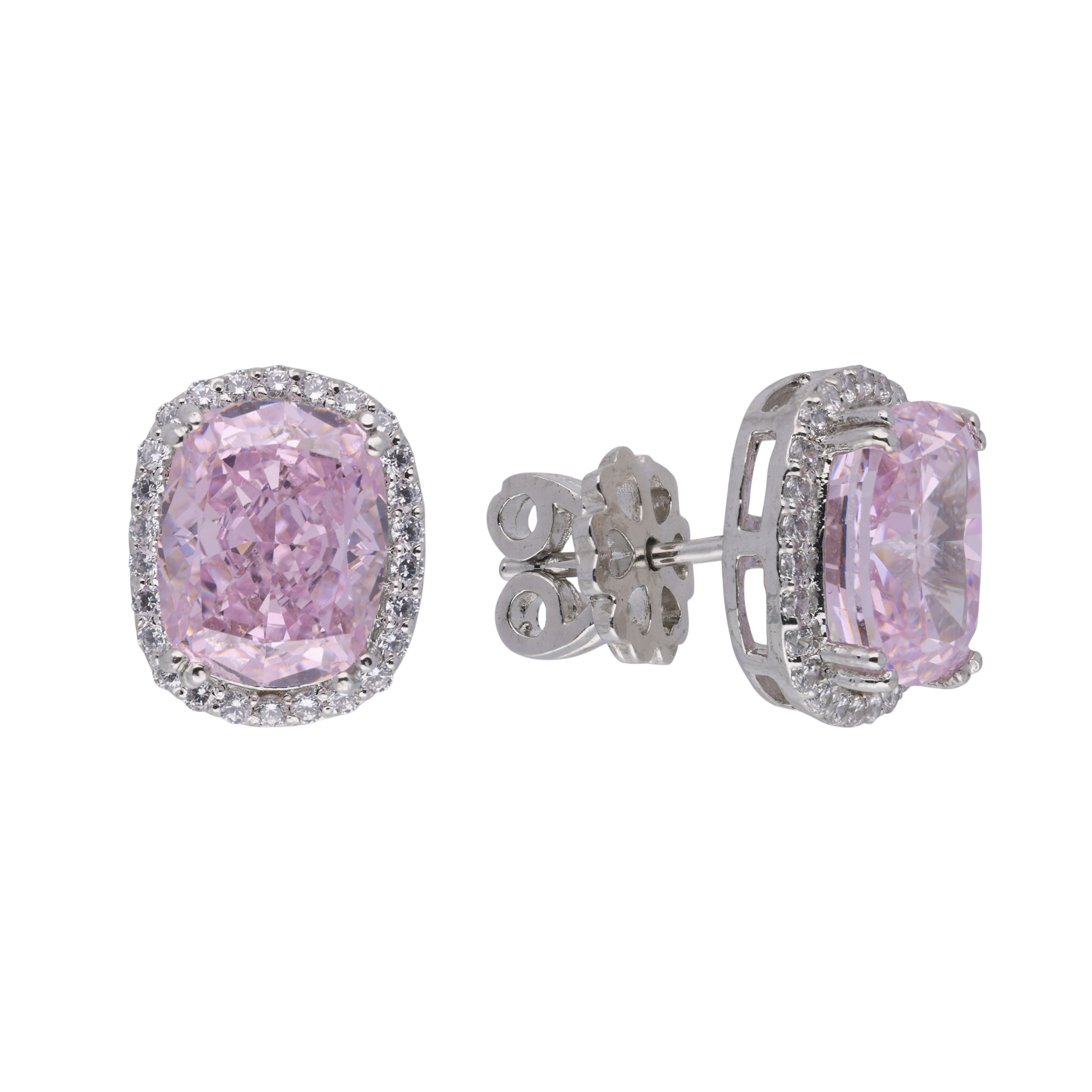 Sterling Silver Cushion-Shaped Pink Gem and Cubic Zirconia Earstuds | SKU : 0020809478, 0003396131