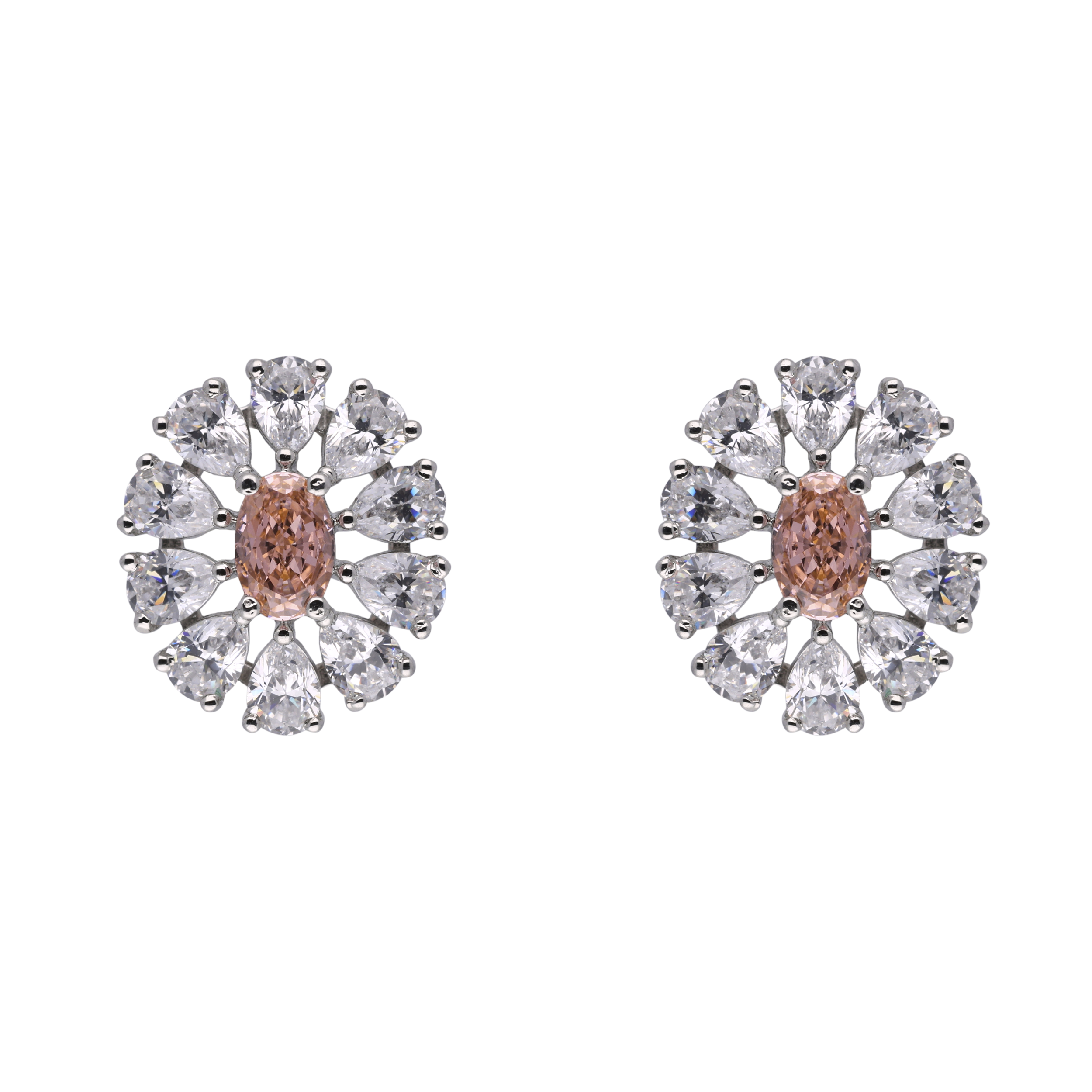 Sterling Silver Floral Design Oval-Shaped Orange Gem and Cubic Zirconia Earstuds | SKU : 0020809492, 0020809485