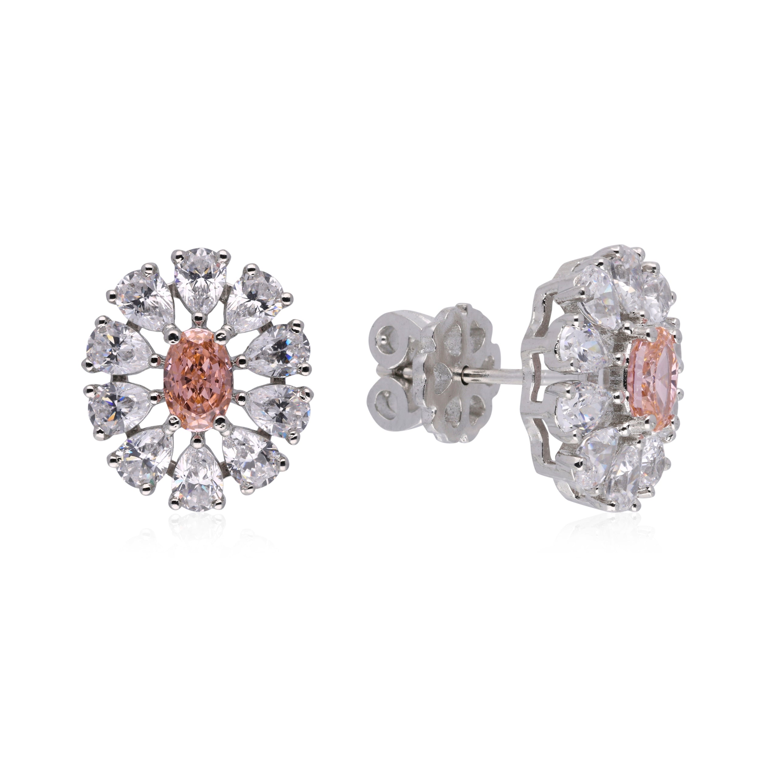 Sterling Silver Floral Design Oval-Shaped Orange Gem and Cubic Zirconia Earstuds | SKU : 0020809492, 0020809485