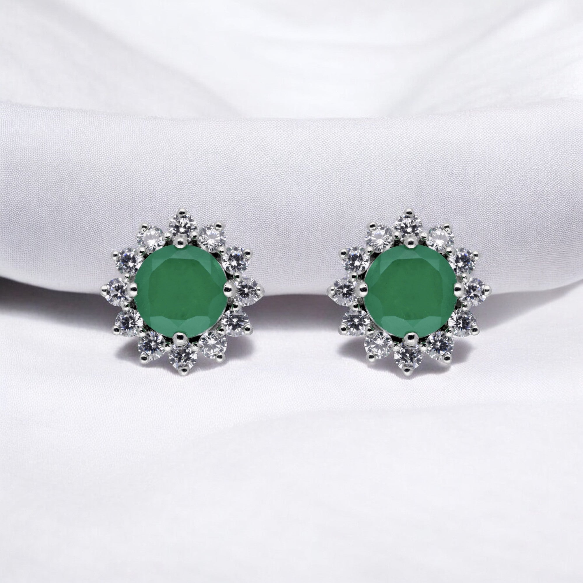 Verdant Bloom Sterling Silver Earstuds with Green Gemstone and Cubic Zircon Floral | SKU : 0020809553, 0020809539, 0003396186, 0020809522