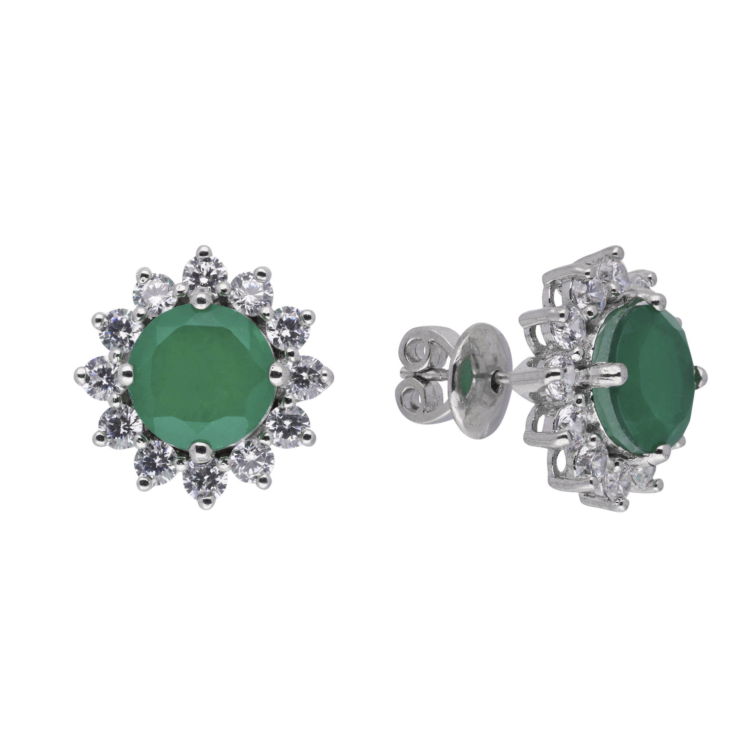 Verdant Bloom Sterling Silver Earstuds with Green Gemstone and Cubic Zircon Floral | SKU : 0020809553, 0020809539, 0003396186, 0020809522