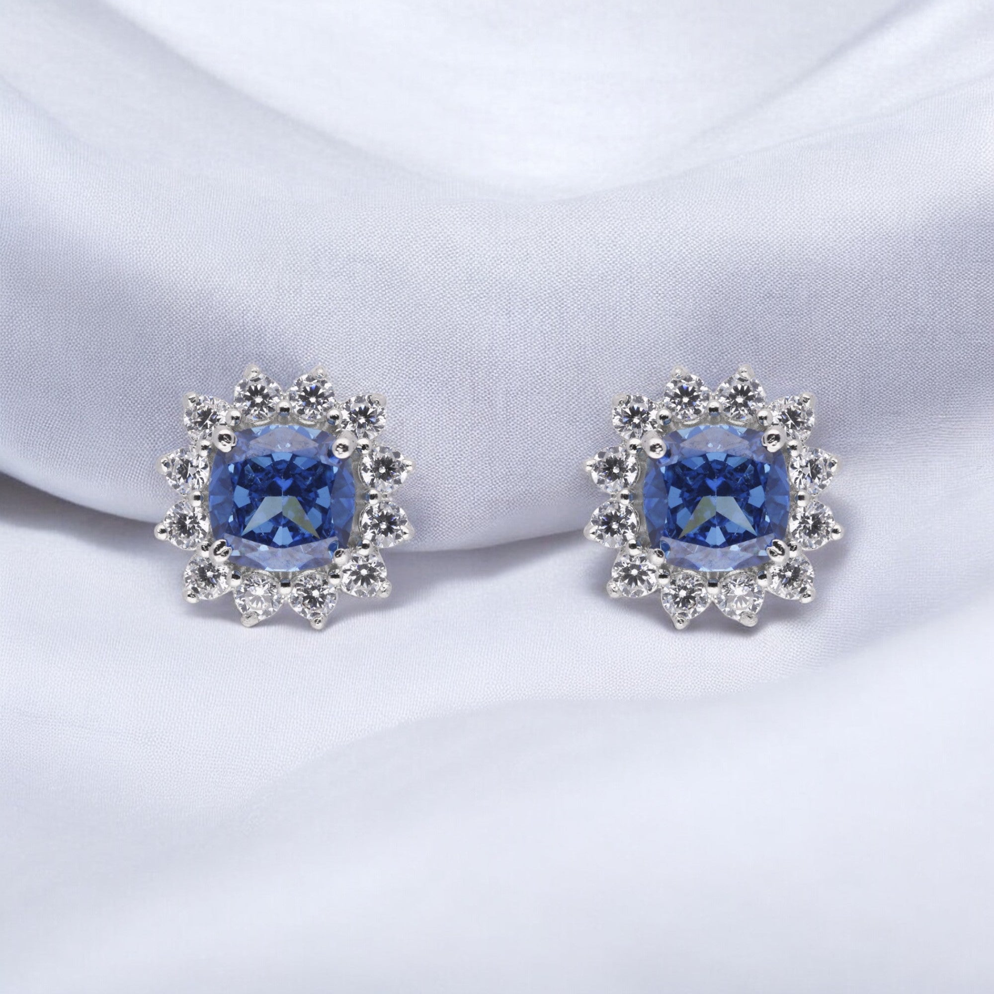 Ocean Glow Cushion-Cut Blue Gem Earstuds in Sterling Silver with Cubic Zircon Accents | SKU : 0020809584, 0020809577