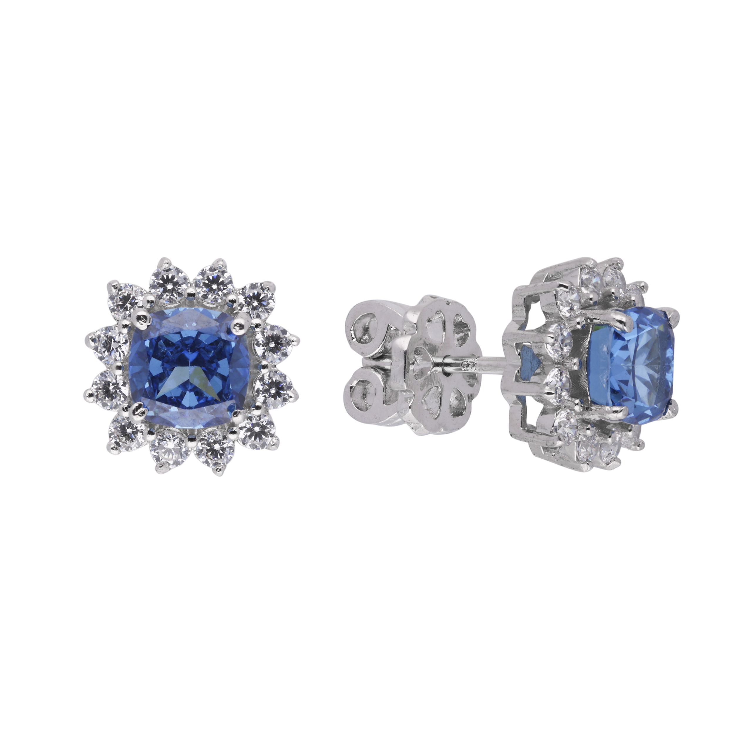 Ocean Glow Cushion-Cut Blue Gem Earstuds in Sterling Silver with Cubic Zircon Accents | SKU : 0020809584, 0020809577