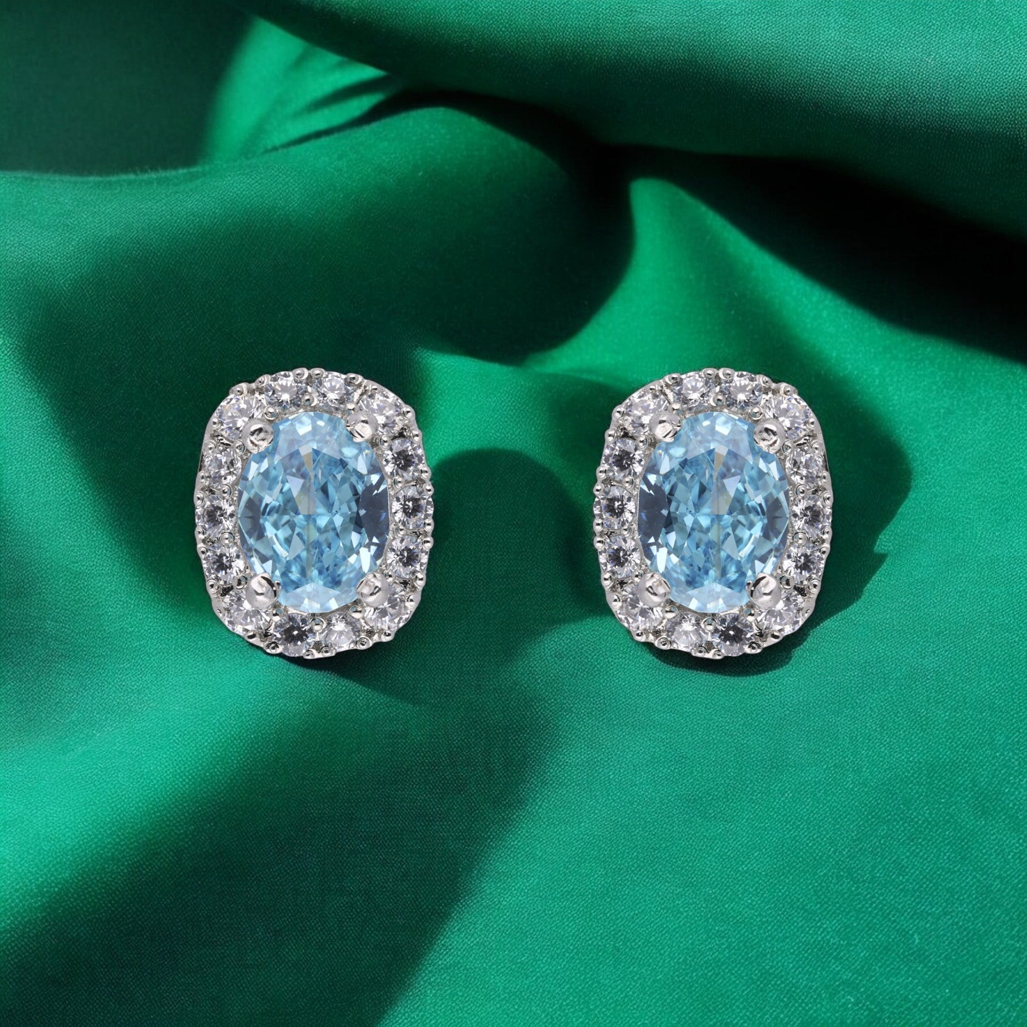 Sterling Silver Cushion-Shaped Blue Gem Earstuds with Cubic Zirconia Accents | SKU : 0020809751