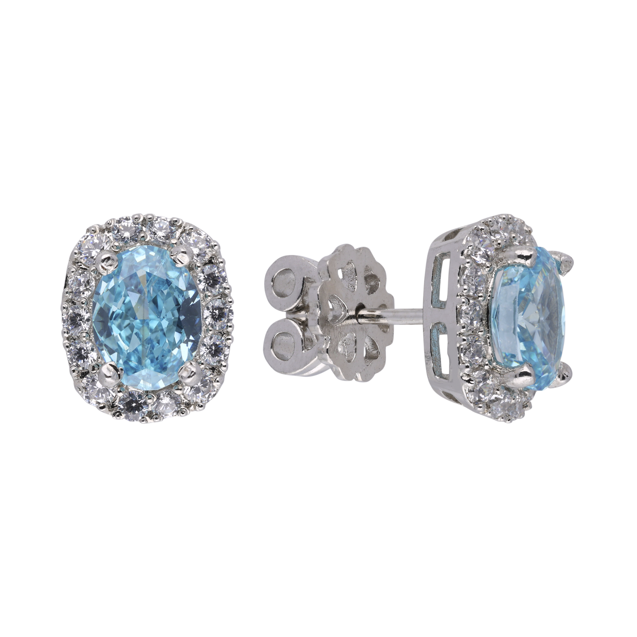 Sterling Silver Cushion-Shaped Blue Gem Earstuds with Cubic Zirconia Accents | SKU : 0020809751