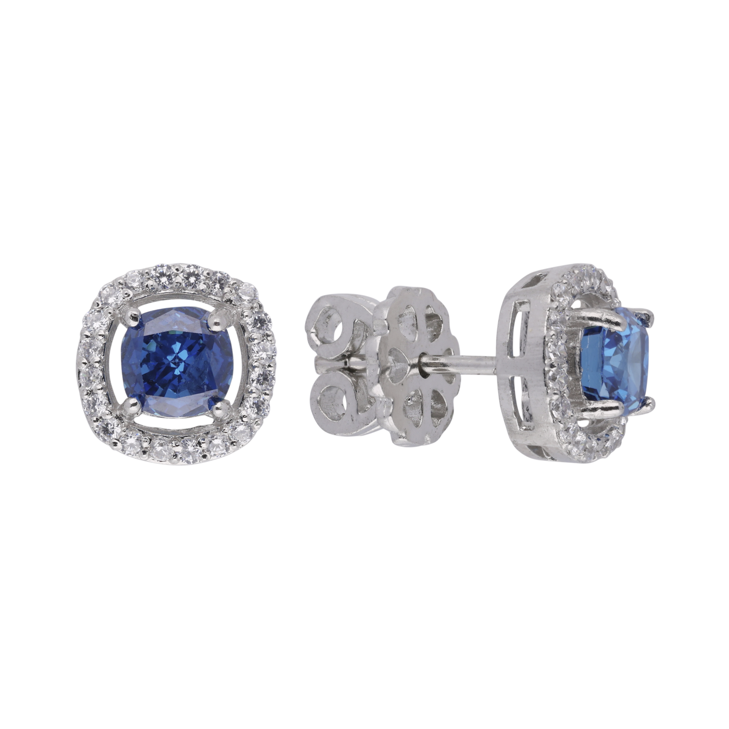 Sterling Silver Cushion Blue Gem and Cubic Zircon Earstuds | SKU : 0020809768, 0003396360, 0003396377, 0020809799, 0020809775