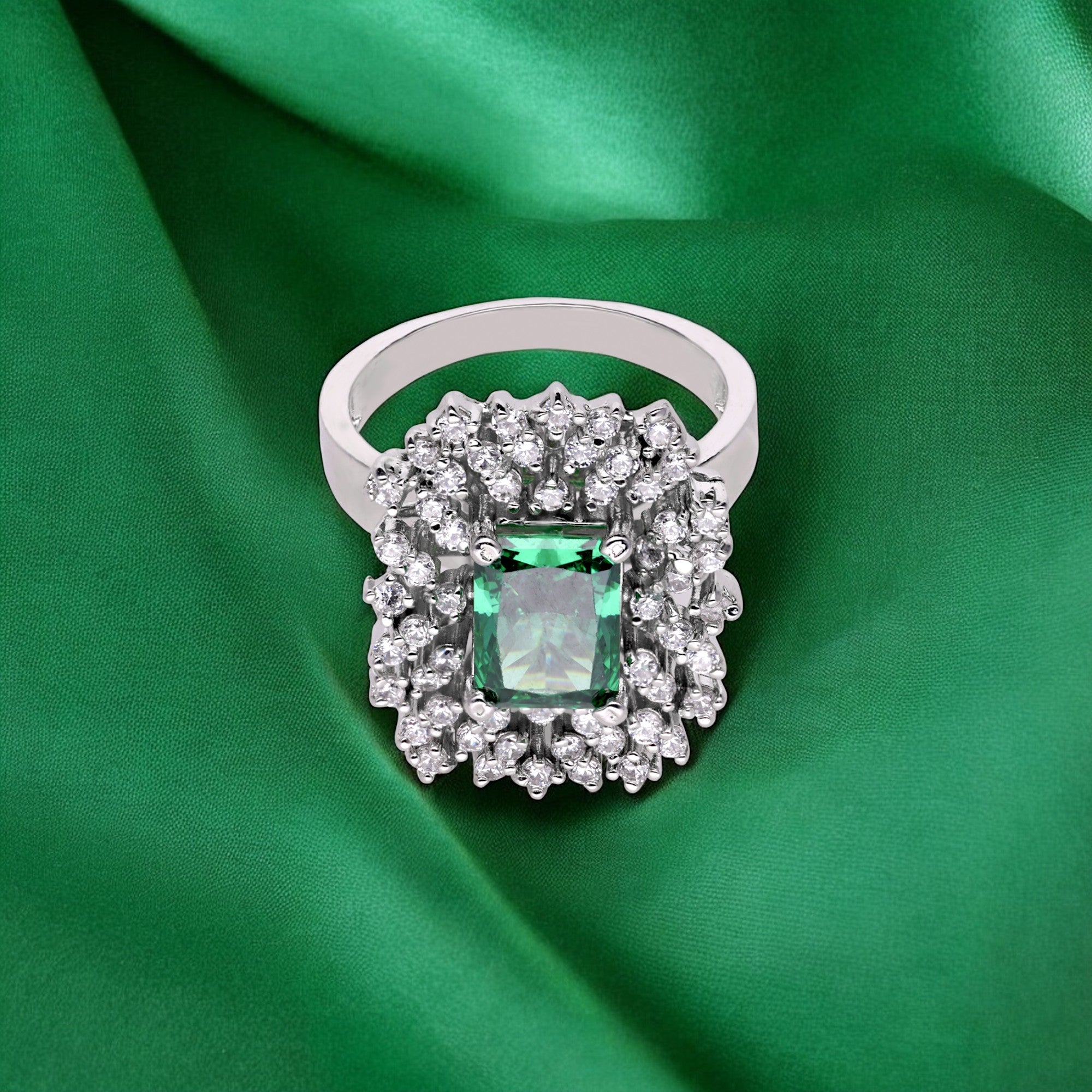 Sterling Silver Green Gemstone Ring with Cubic Zircon Accents | SKU : 0020809874 , 0003395097