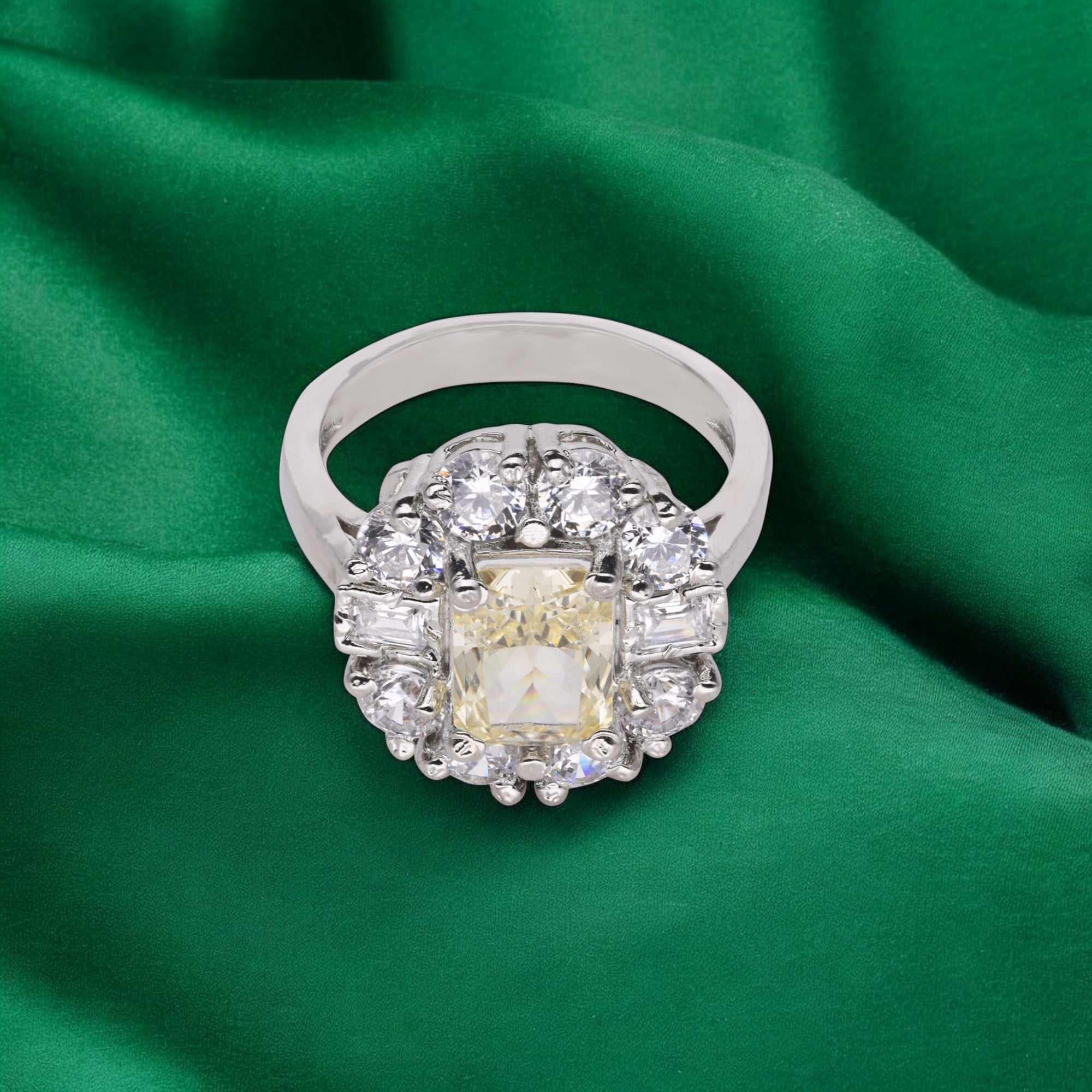 Sterling Silver Ring with Yellow Gem and Cubic Zircon Halo | SKU : 0020809898