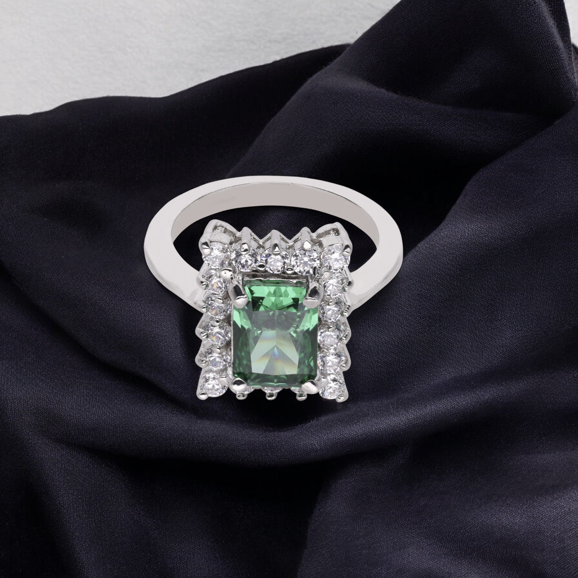 Sterling Silver Emerald-Cut Green Gemstone Ring with Cubic Zircon | SKU : 0020809935