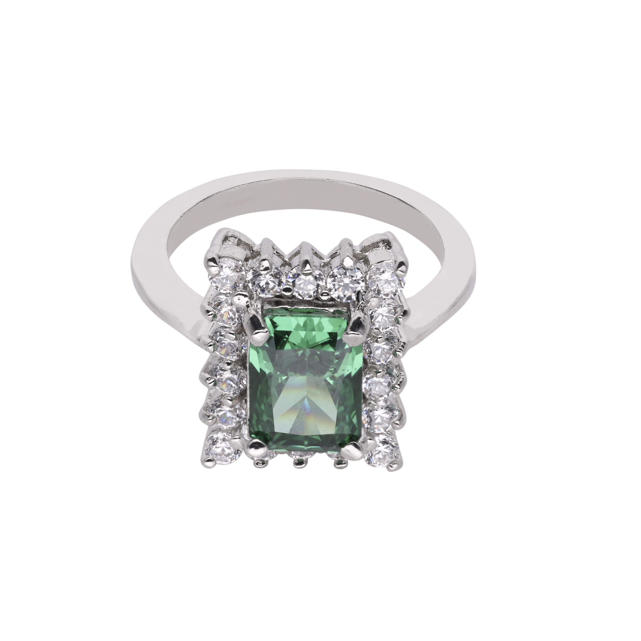 Sterling Silver Emerald-Cut Green Gemstone Ring with Cubic Zircon | SKU : 0020809935